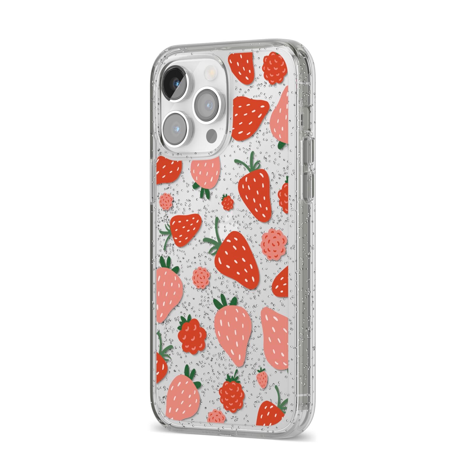 Strawberry iPhone 14 Pro Max Glitter Tough Case Silver Angled Image