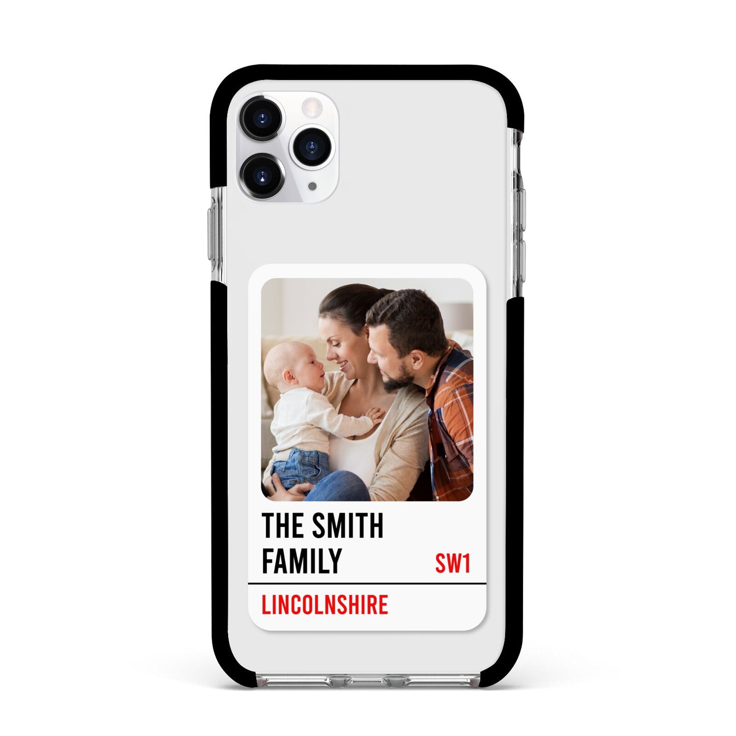 Street Sign Family Photo Upload Apple iPhone 11 Pro Max in Silver with Black Impact Case