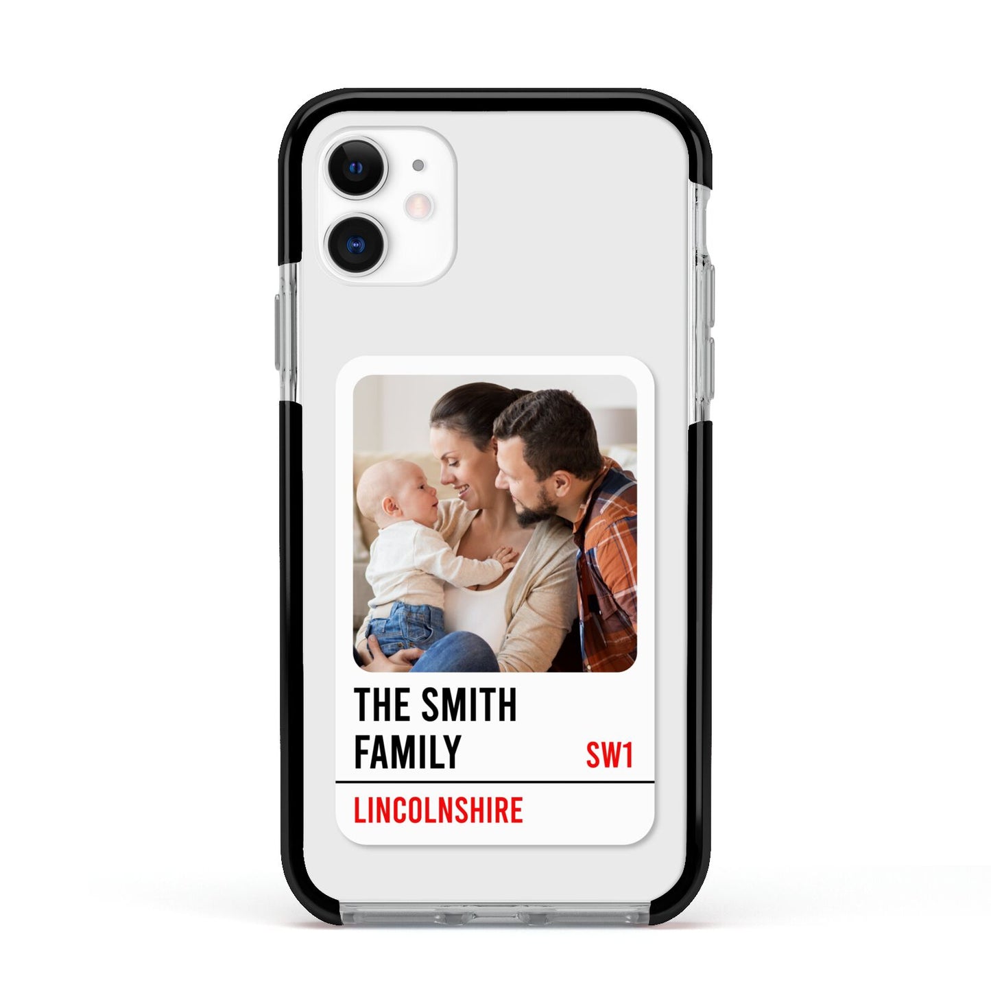 Street Sign Family Photo Upload Apple iPhone 11 in White with Black Impact Case