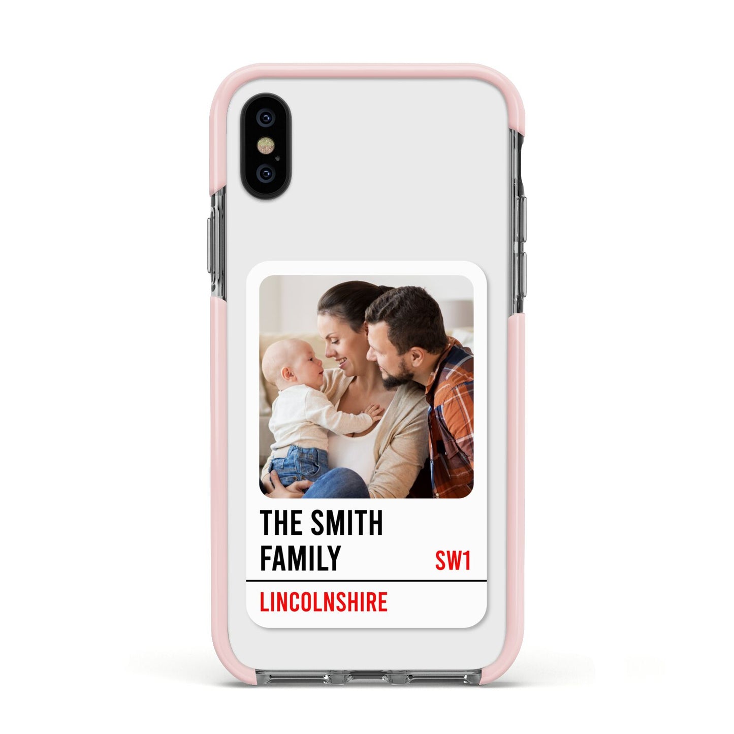 Street Sign Family Photo Upload Apple iPhone Xs Impact Case Pink Edge on Black Phone