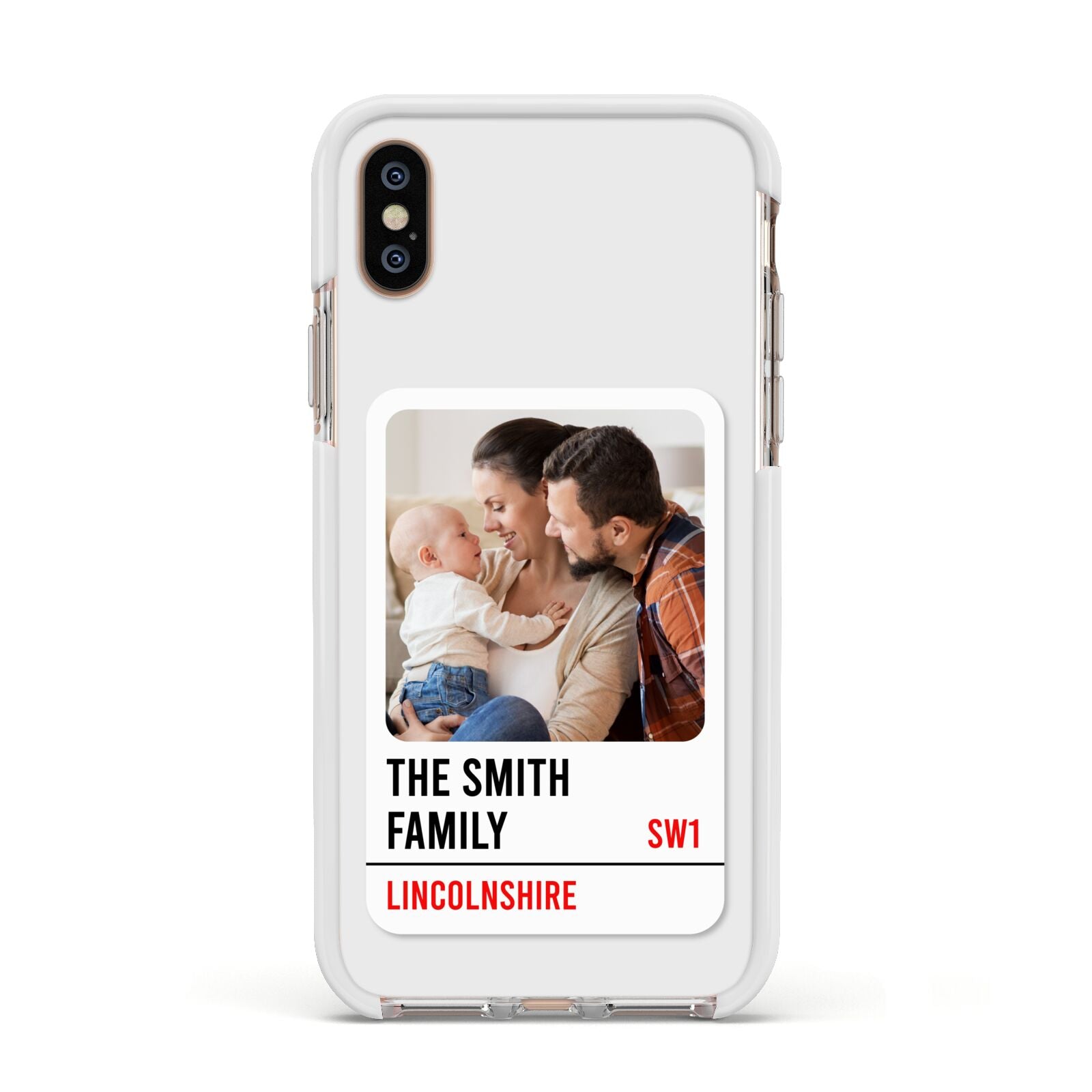 Street Sign Family Photo Upload Apple iPhone Xs Impact Case White Edge on Gold Phone