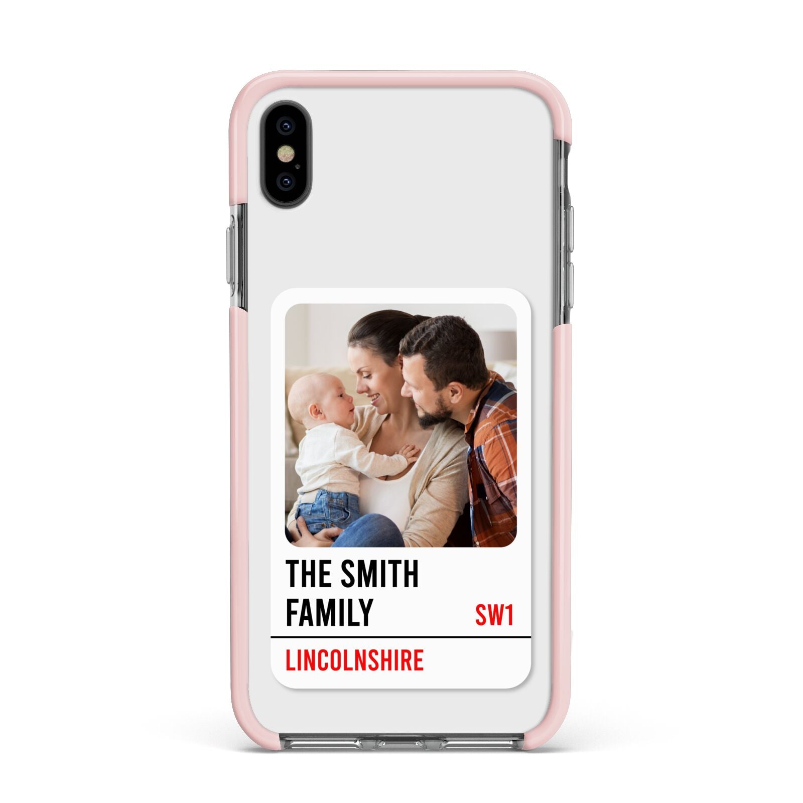 Street Sign Family Photo Upload Apple iPhone Xs Max Impact Case Pink Edge on Black Phone