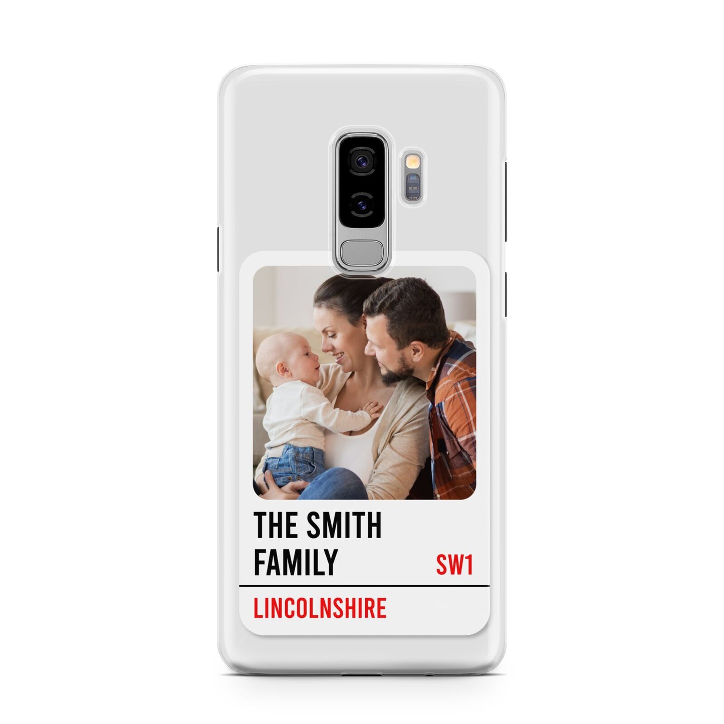 Street Sign Family Photo Upload Samsung Galaxy S9 Plus Case on Silver phone