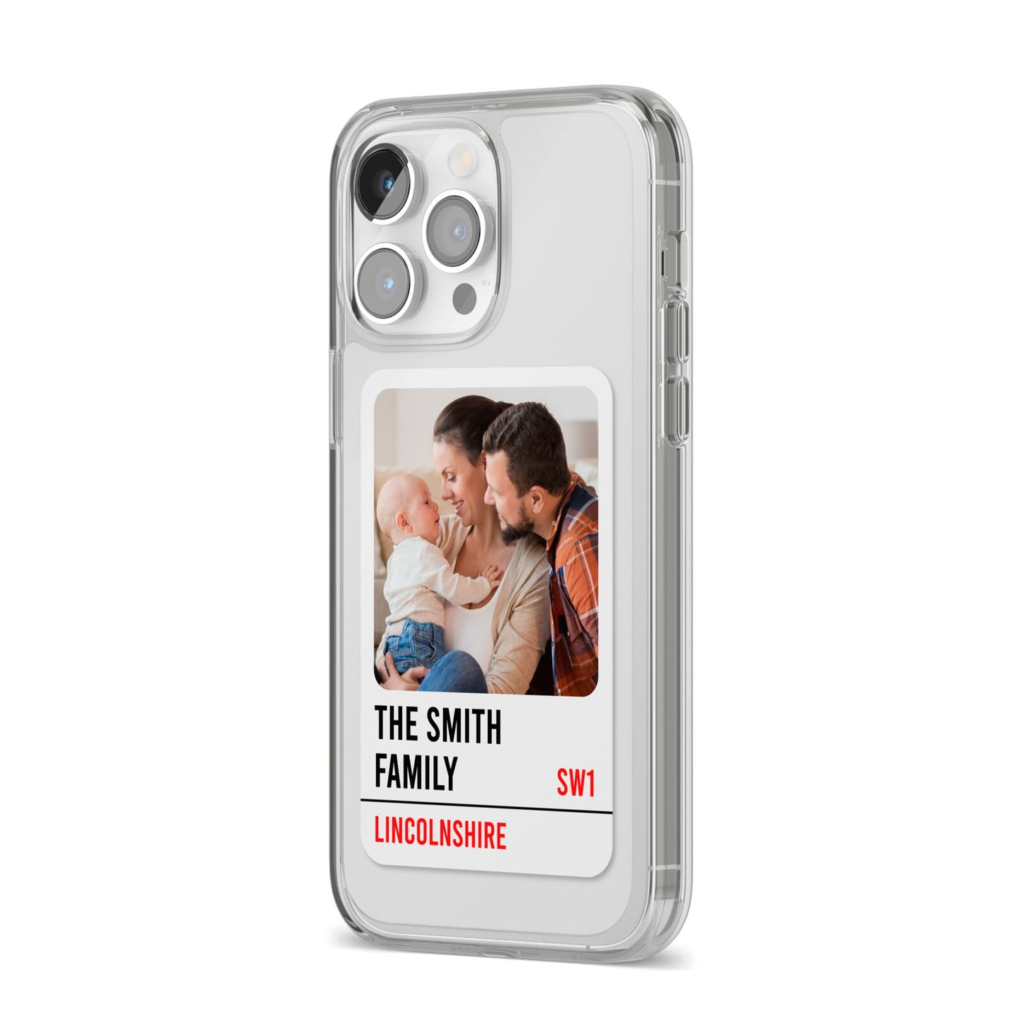 Street Sign Family Photo Upload iPhone 14 Pro Max Clear Tough Case Silver Angled Image