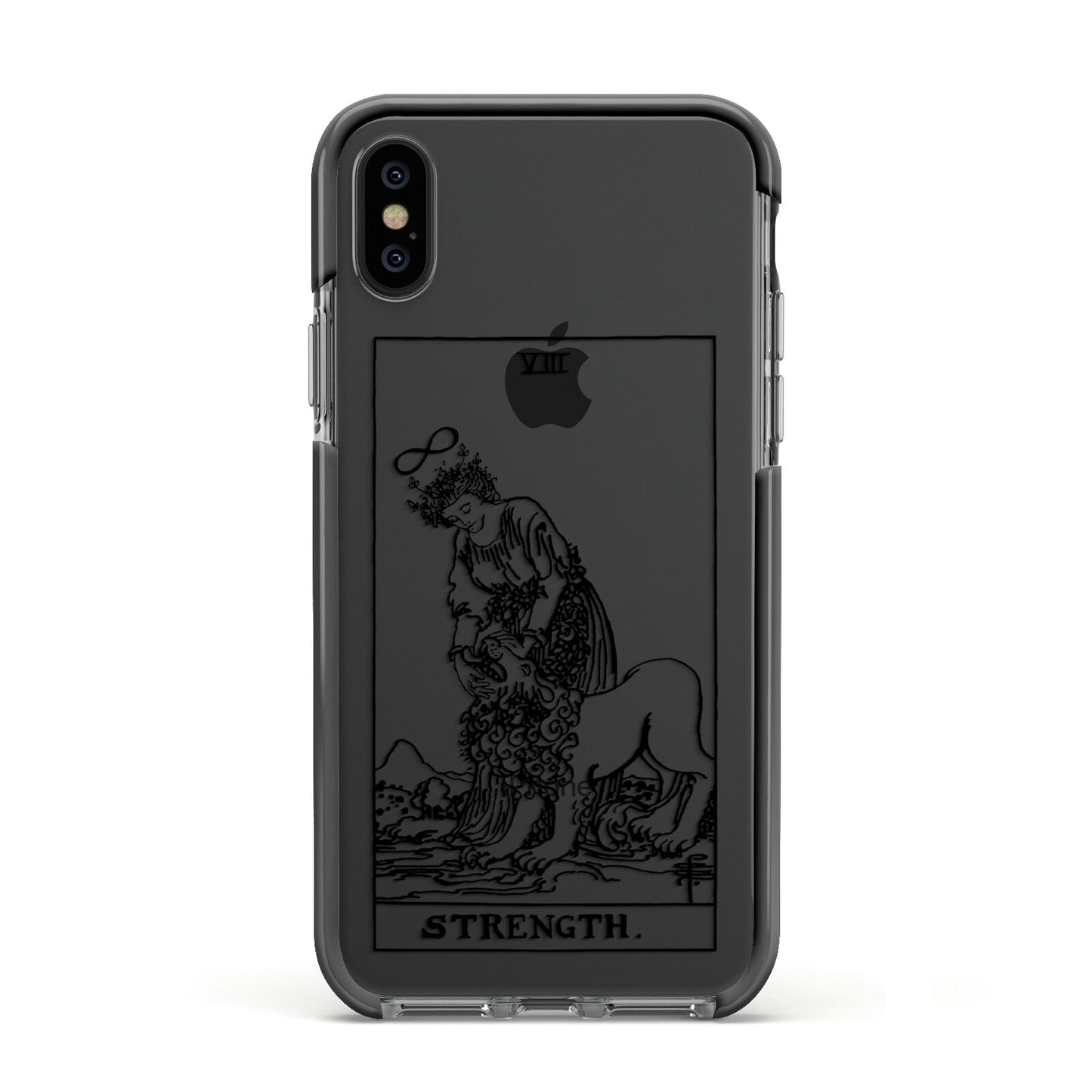 Strength Monochrome Tarot Card Apple iPhone Xs Impact Case Black Edge on Black Phone