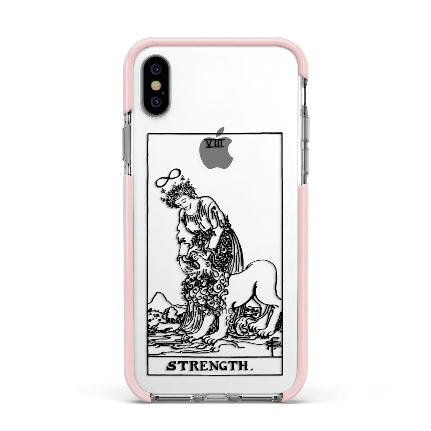 Strength Monochrome Tarot Card Apple iPhone Xs Impact Case Pink Edge on Silver Phone