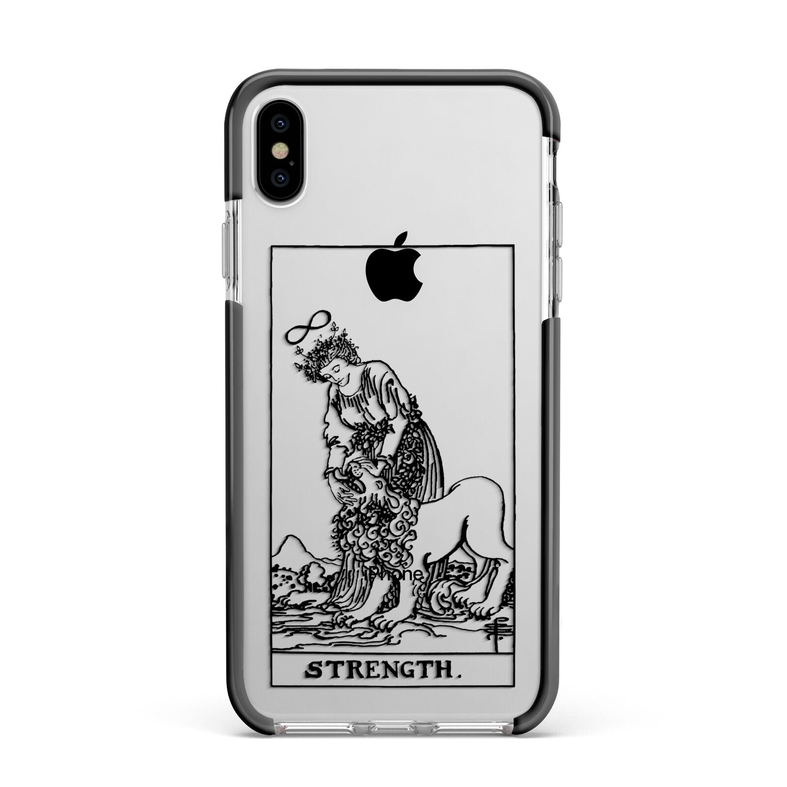 Strength Monochrome Tarot Card Apple iPhone Xs Max Impact Case Black Edge on Silver Phone