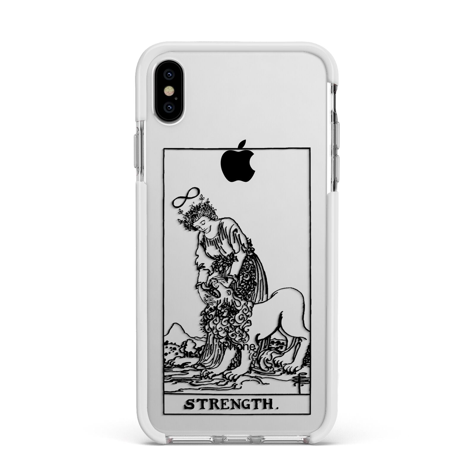 Strength Monochrome Tarot Card Apple iPhone Xs Max Impact Case White Edge on Silver Phone