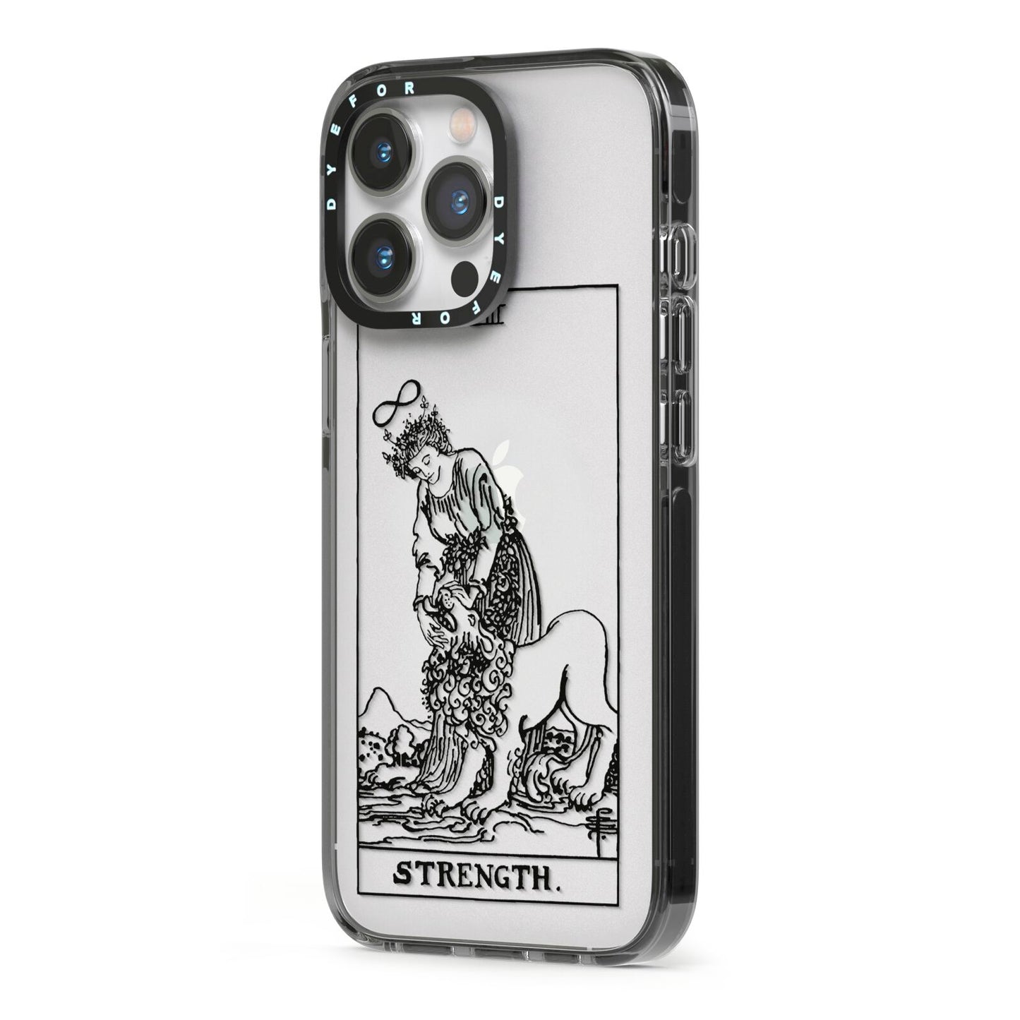 Strength Monochrome Tarot Card iPhone 13 Pro Black Impact Case Side Angle on Silver phone