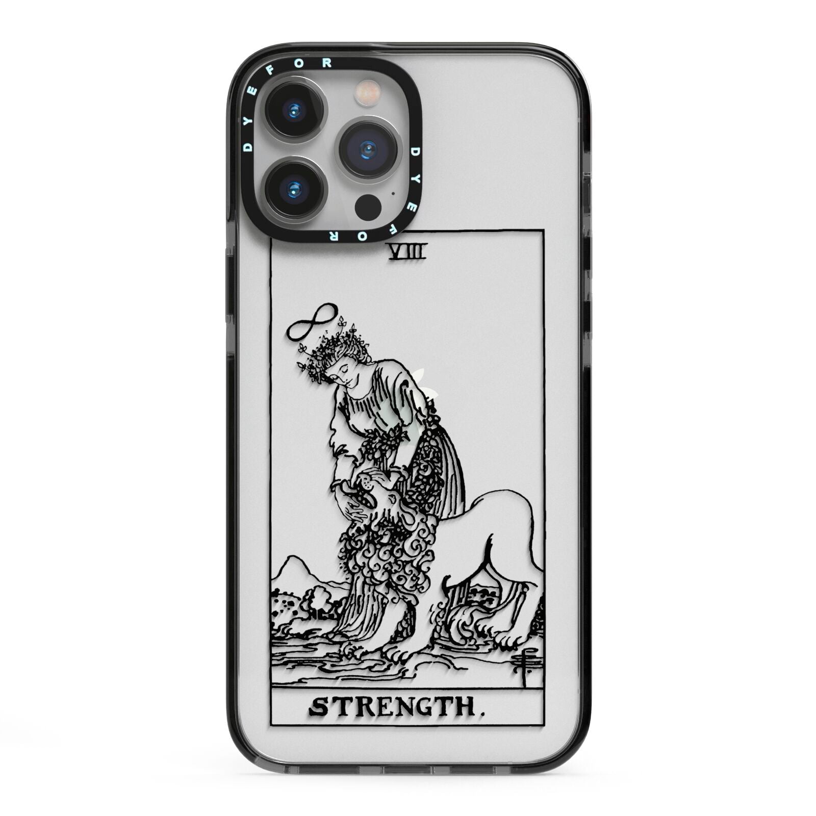 Strength Monochrome Tarot Card iPhone 13 Pro Max Black Impact Case on Silver phone