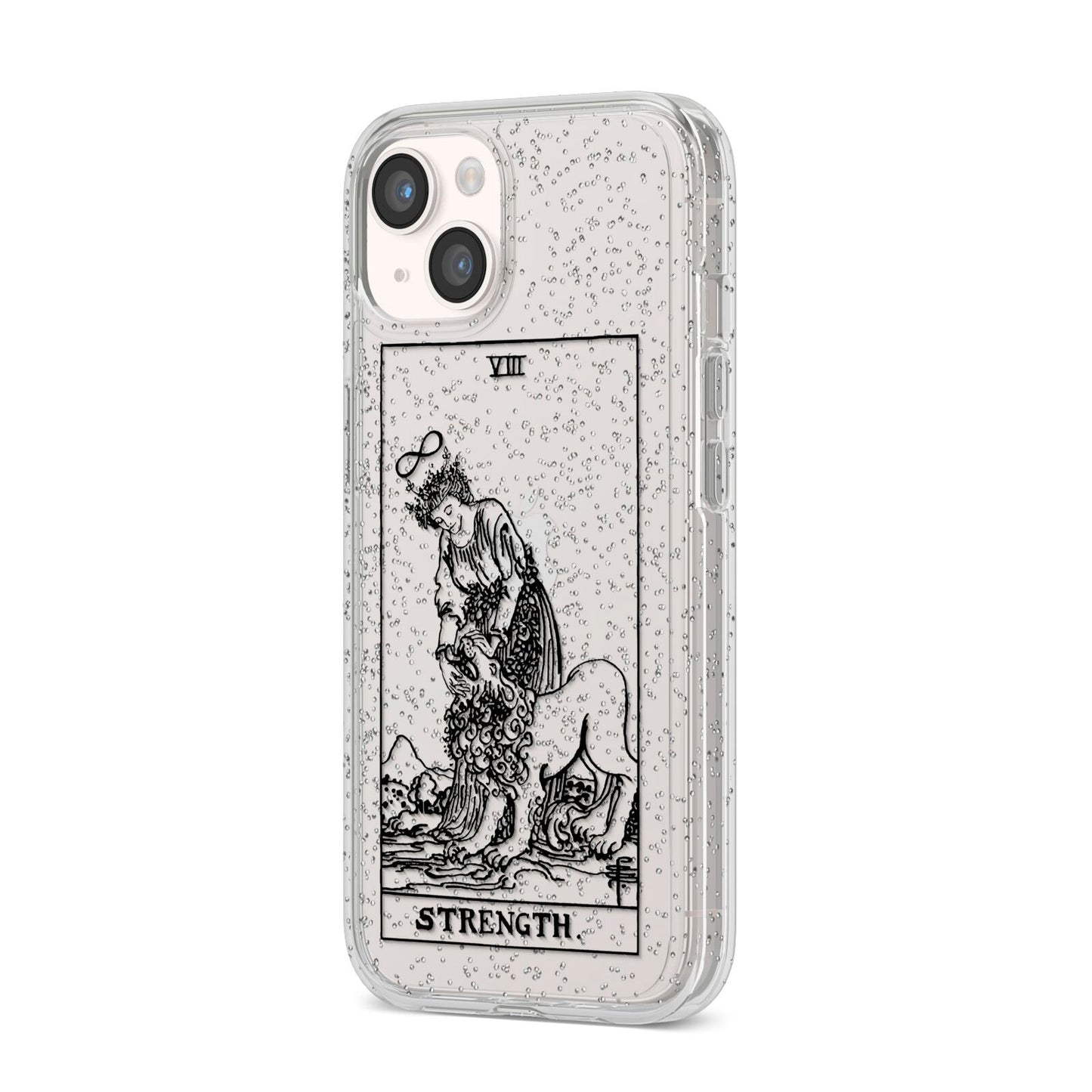 Strength Monochrome Tarot Card iPhone 14 Glitter Tough Case Starlight Angled Image