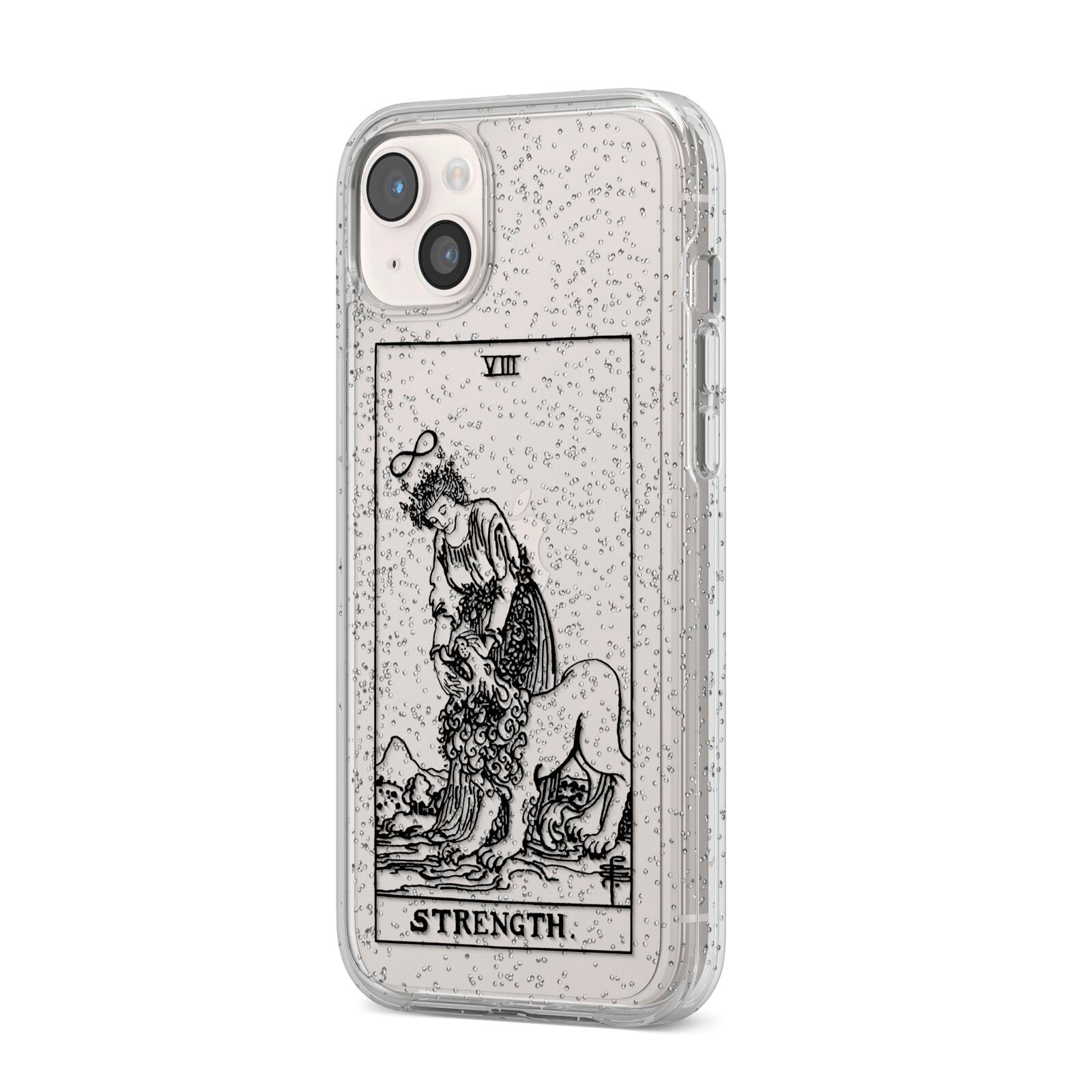 Strength Monochrome Tarot Card iPhone 14 Plus Glitter Tough Case Starlight Angled Image