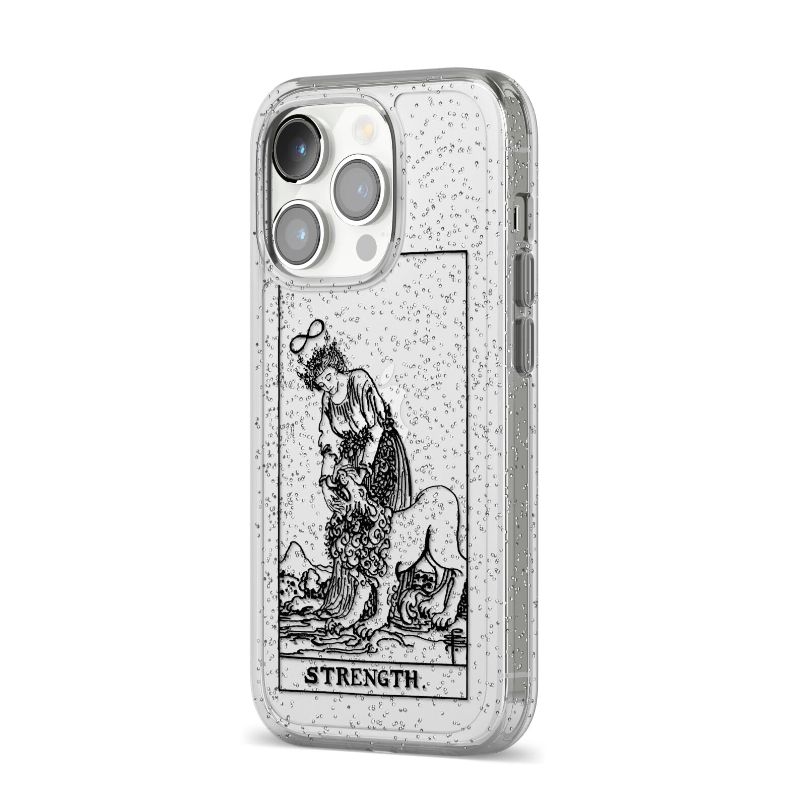 Strength Monochrome Tarot Card iPhone 14 Pro Glitter Tough Case Silver Angled Image