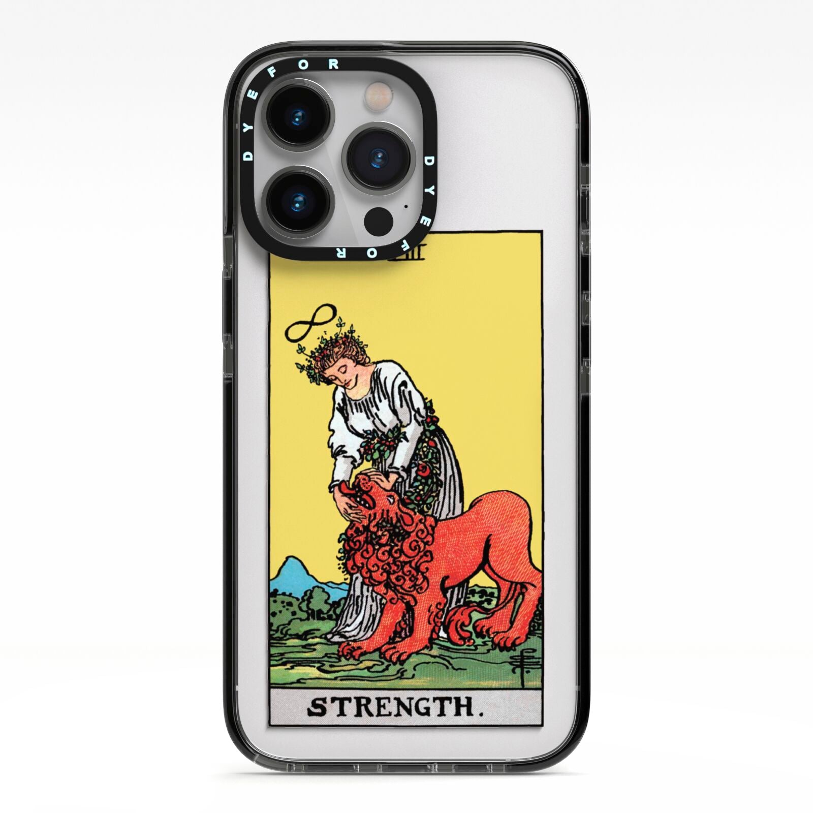 Strength Tarot Card iPhone 13 Pro Black Impact Case on Silver phone