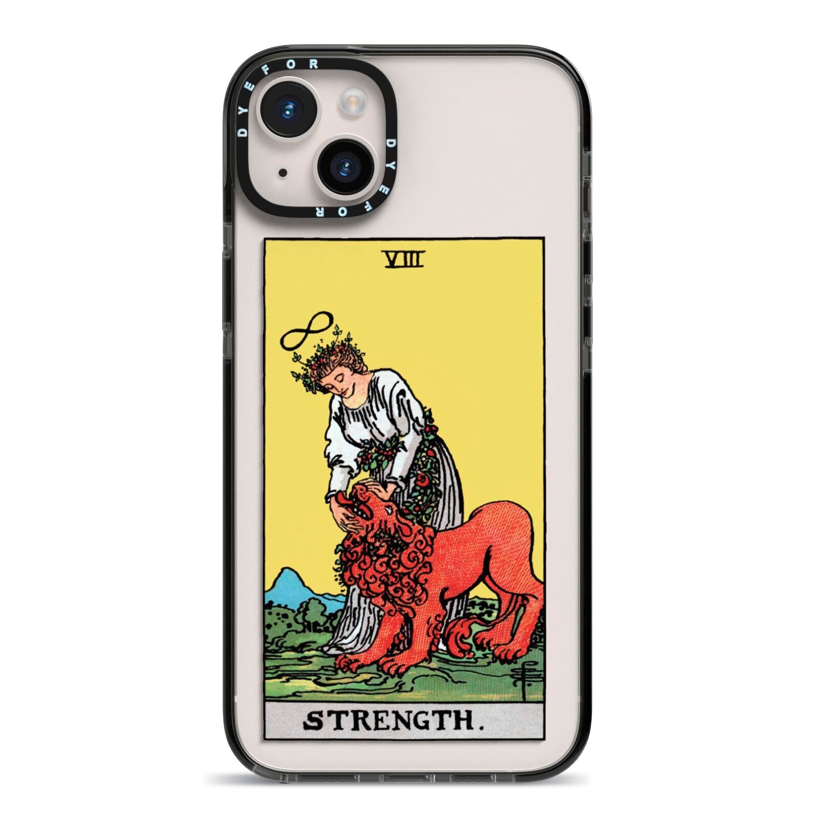 Strength Tarot Card iPhone 14 Plus Black Impact Case on Silver phone