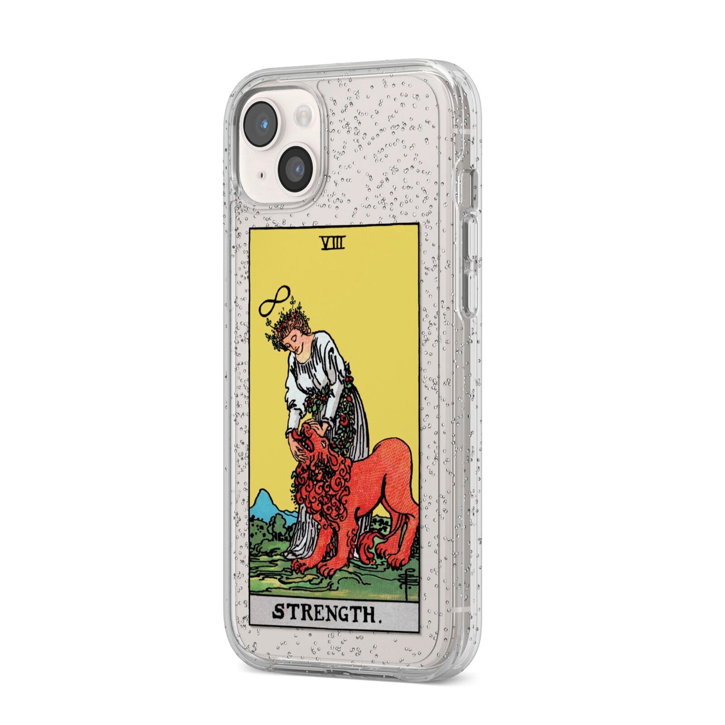 Strength Tarot Card iPhone 14 Plus Glitter Tough Case Starlight Angled Image