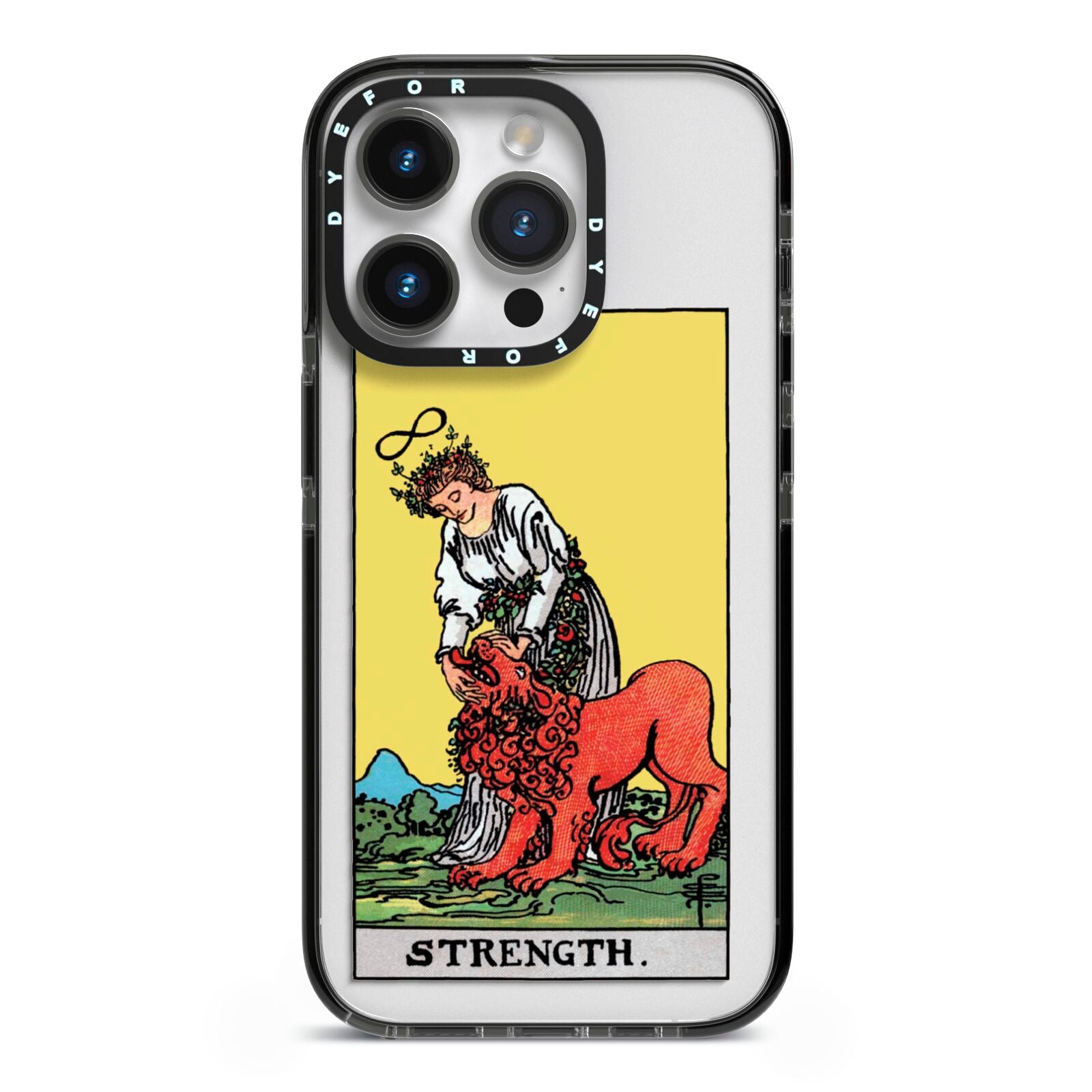 Strength Tarot Card iPhone 14 Pro Black Impact Case on Silver phone