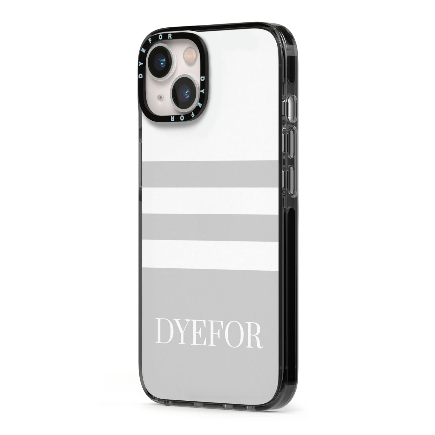 Stripes Personalised Name iPhone 13 Black Impact Case Side Angle on Silver phone