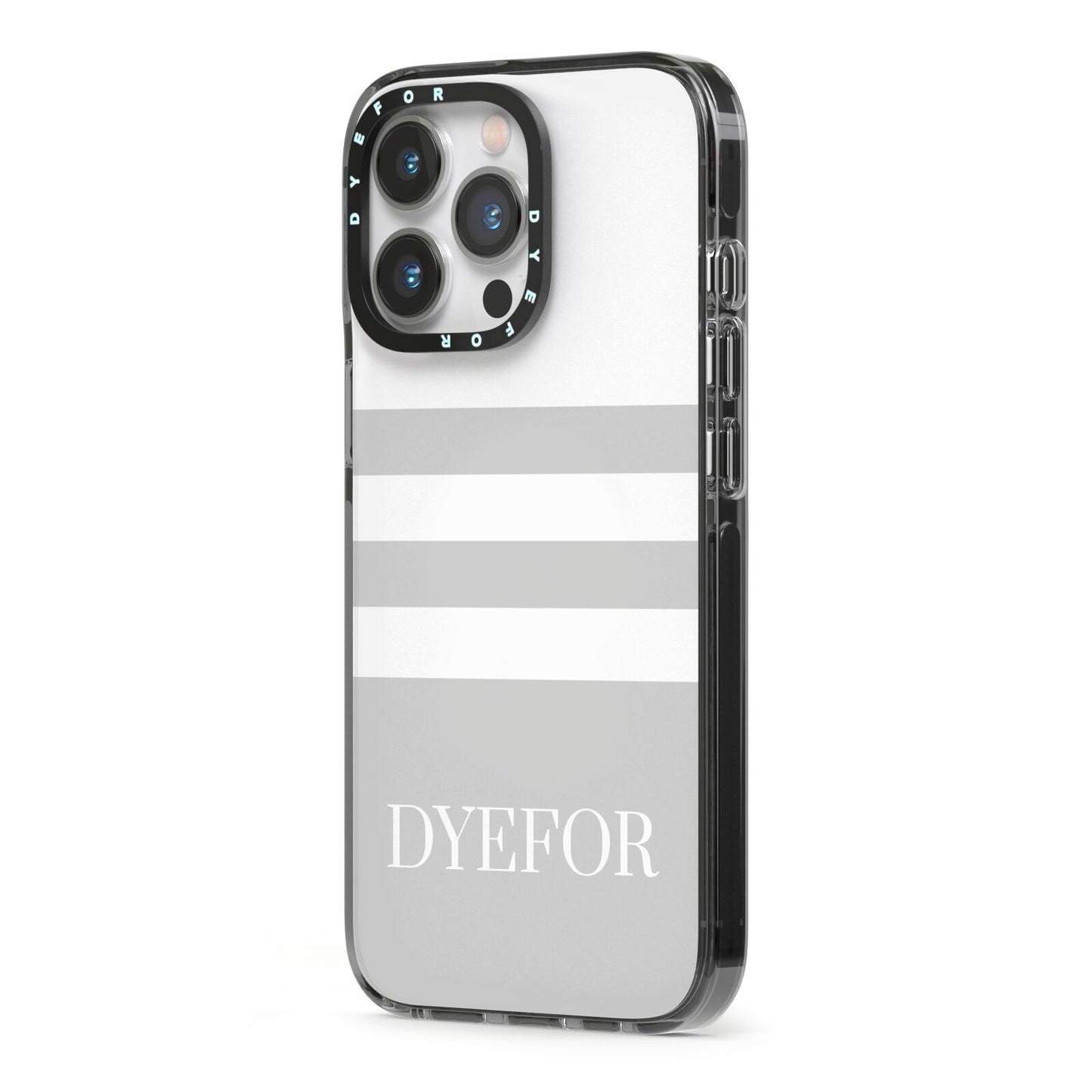 Stripes Personalised Name iPhone 13 Pro Black Impact Case Side Angle on Silver phone