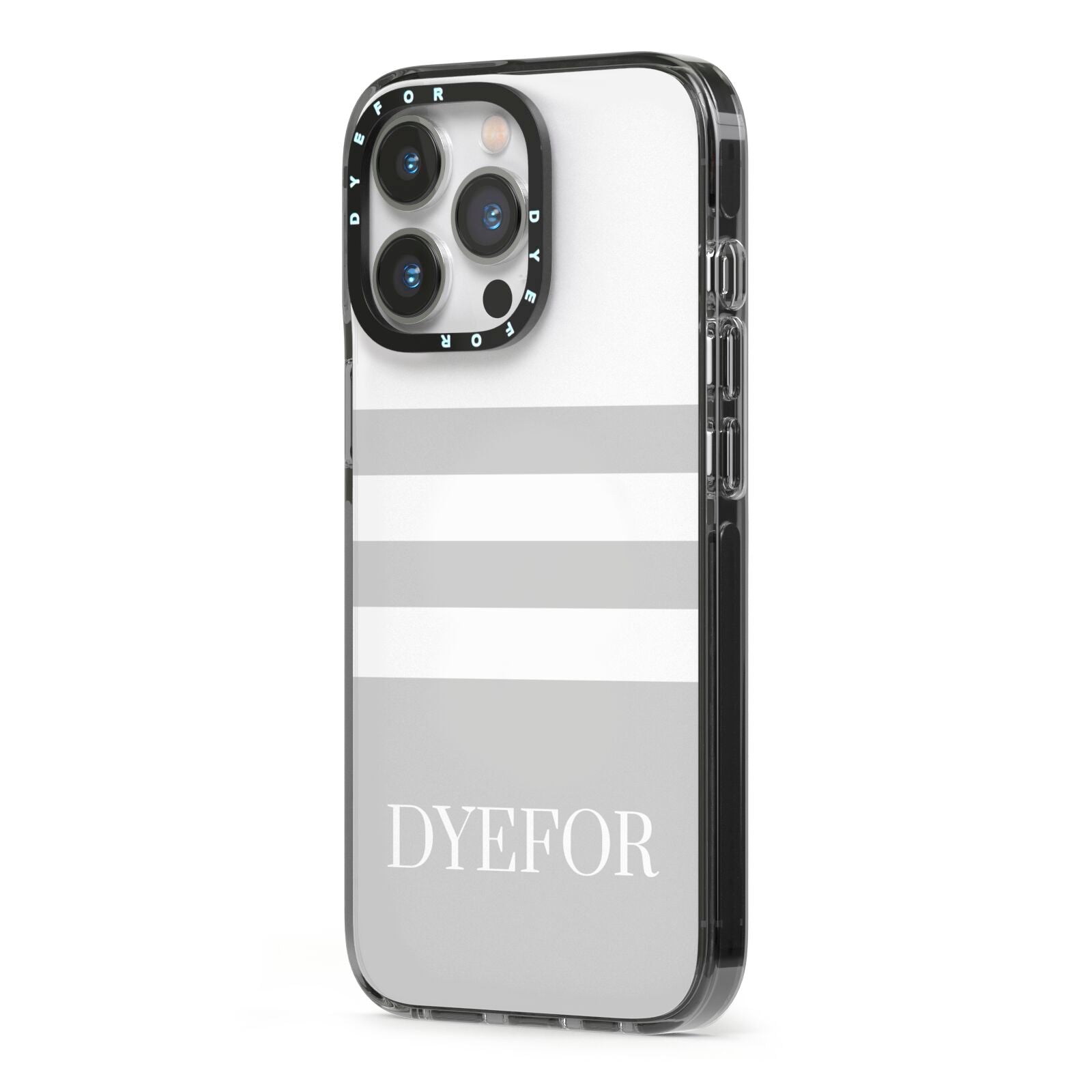 Stripes Personalised Name iPhone 13 Pro Black Impact Case Side Angle on Silver phone