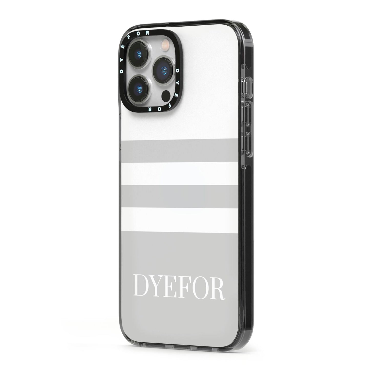 Stripes Personalised Name iPhone 13 Pro Max Black Impact Case Side Angle on Silver phone