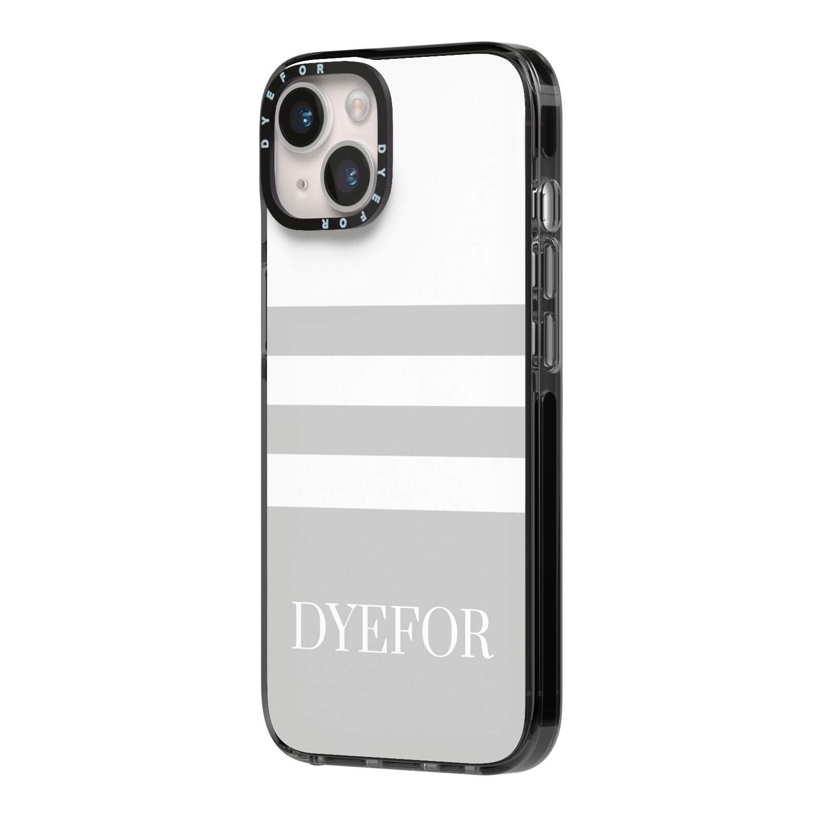 Stripes Personalised Name iPhone 14 Black Impact Case Side Angle on Silver phone