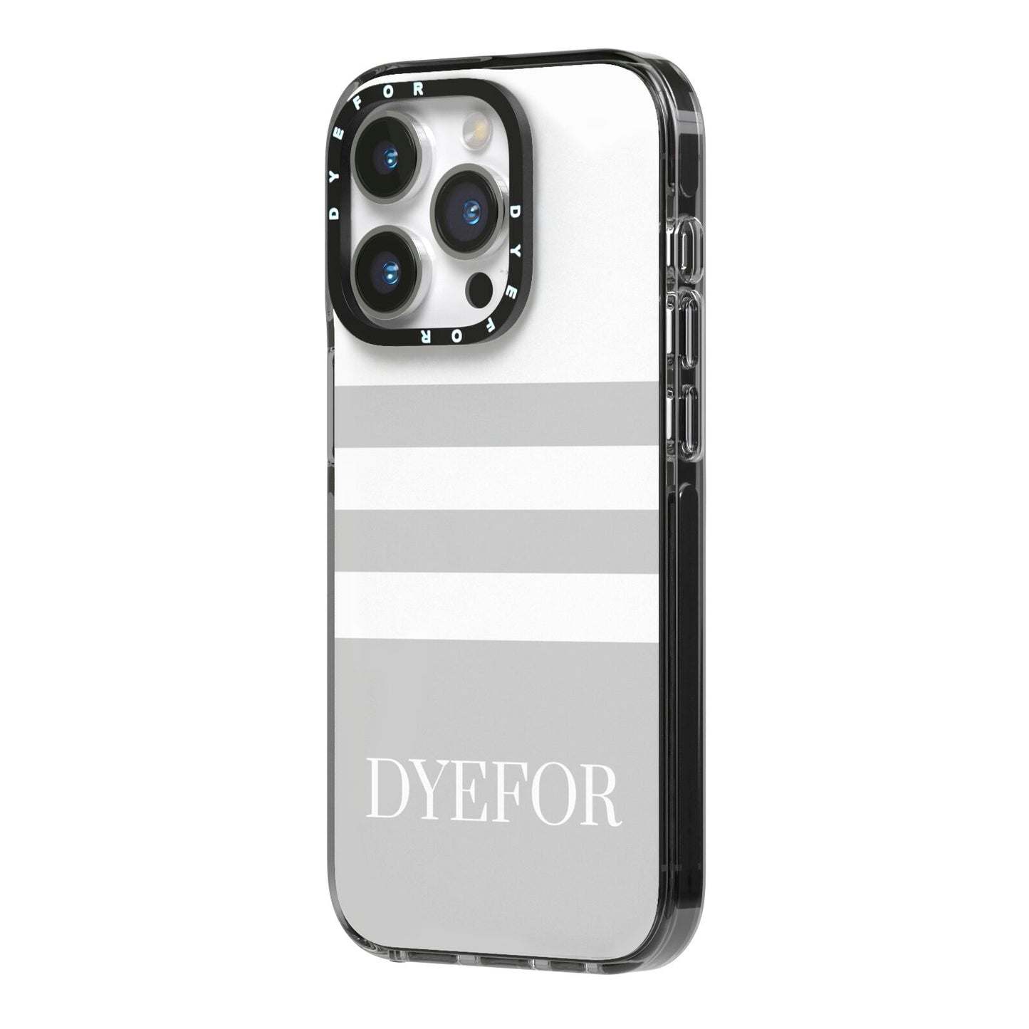 Stripes Personalised Name iPhone 14 Pro Black Impact Case Side Angle on Silver phone