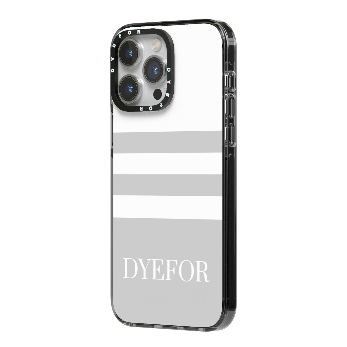 Stripes Personalised Name iPhone 14 Pro Max Black Impact Case Side Angle on Silver phone