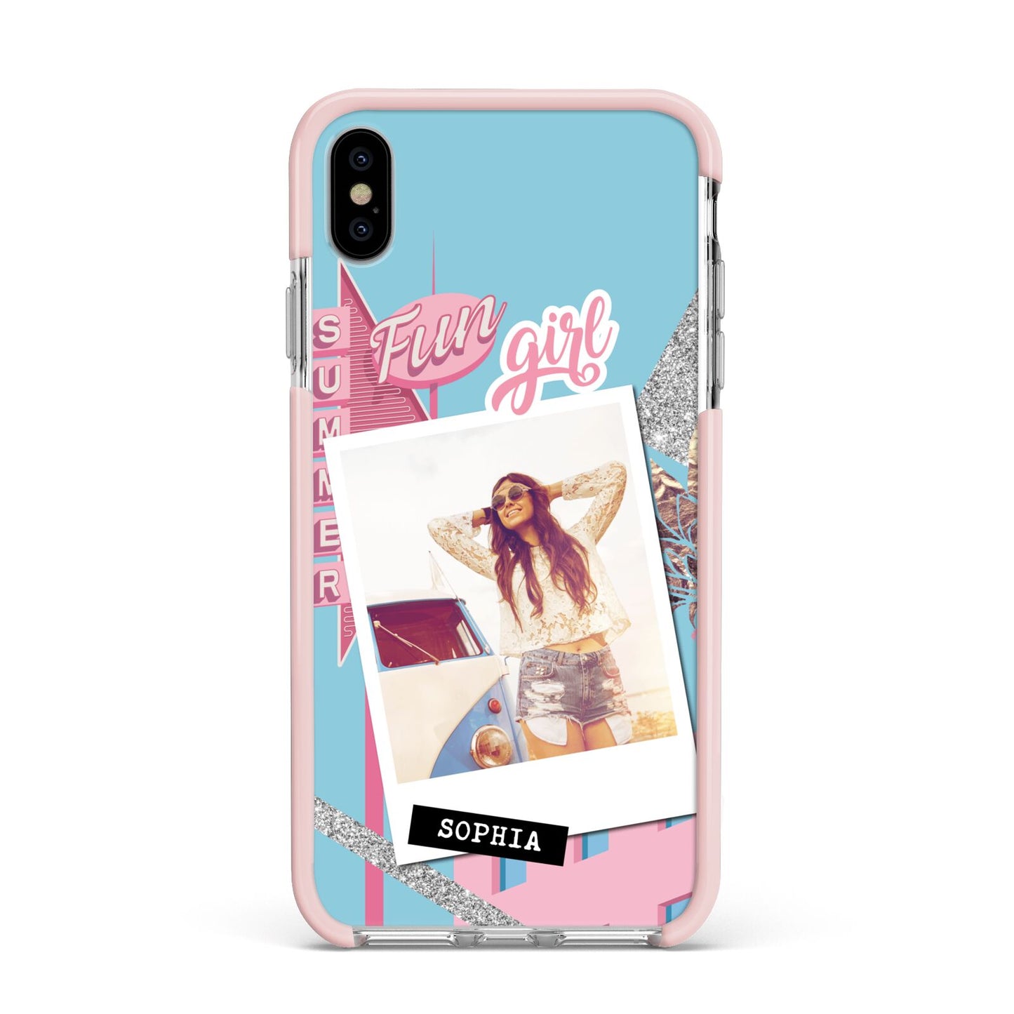 Summer Picture Collage Personalised Apple iPhone Xs Max Impact Case Pink Edge on Silver Phone
