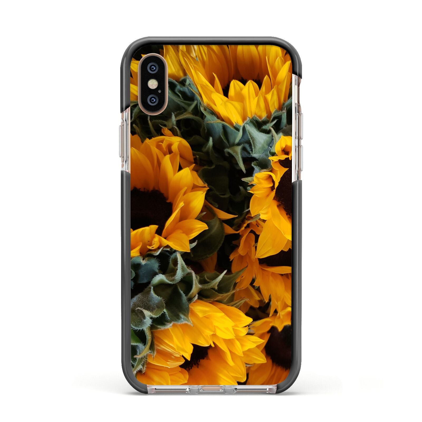 Sunflower Apple iPhone Xs Impact Case Black Edge on Gold Phone