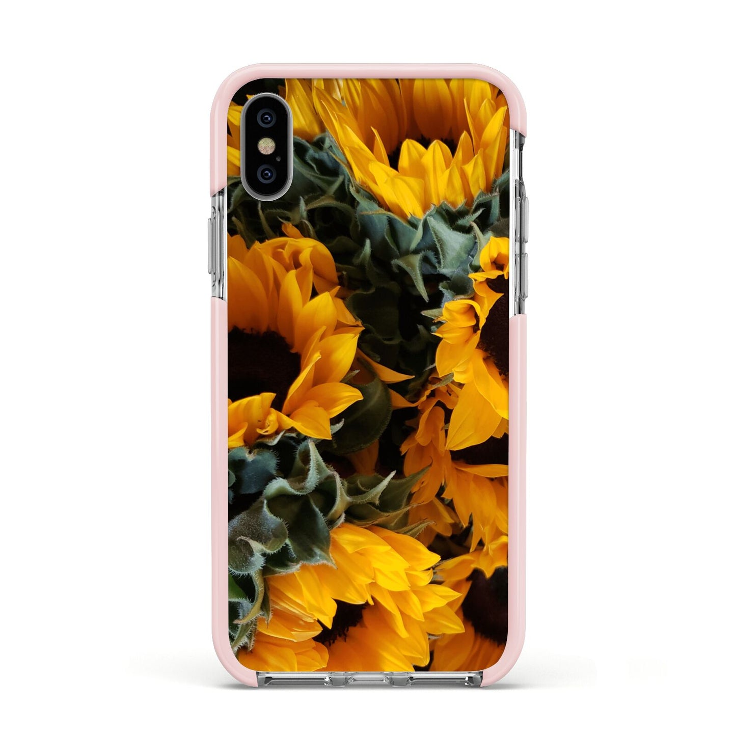 Sunflower Apple iPhone Xs Impact Case Pink Edge on Silver Phone