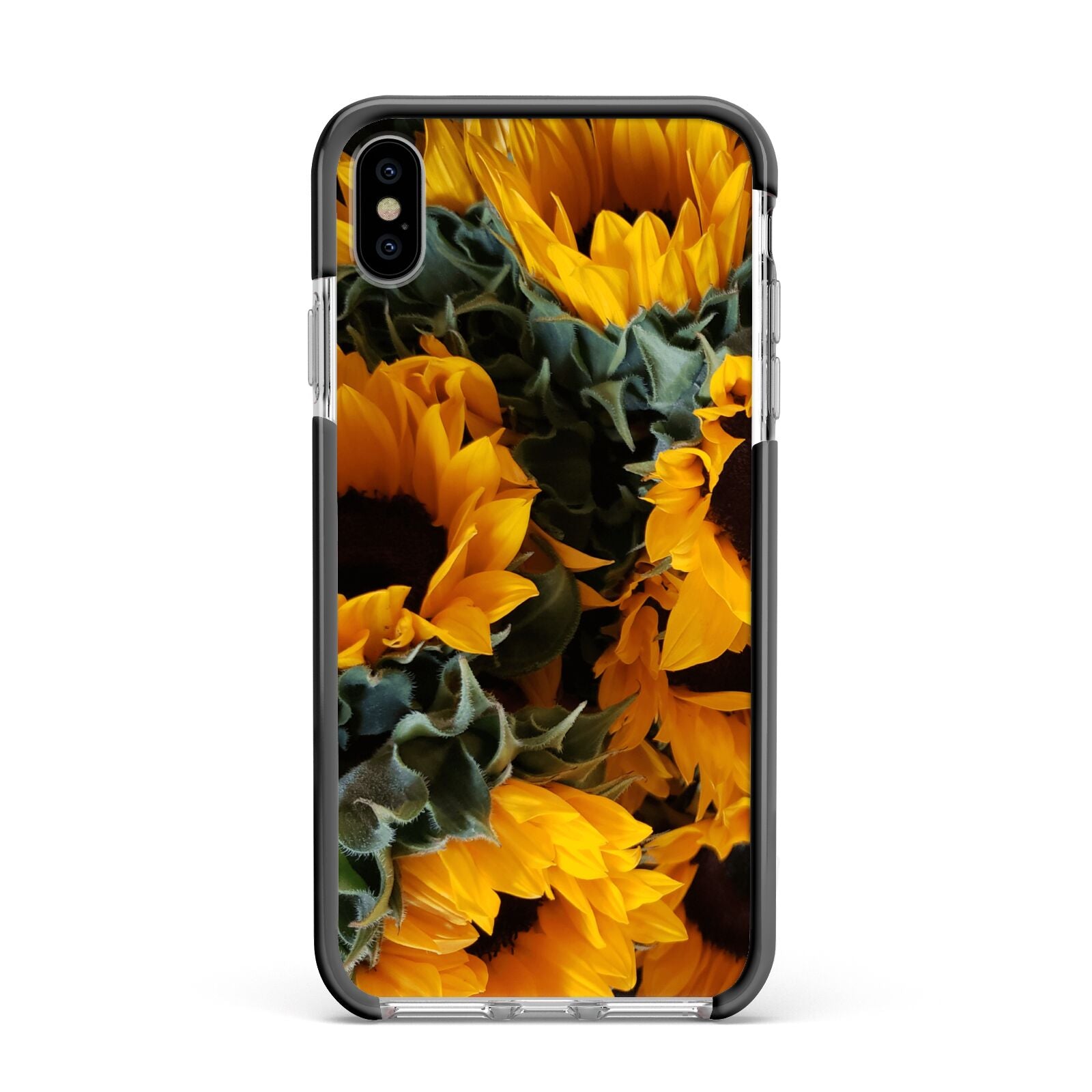 Sunflower Apple iPhone Xs Max Impact Case Black Edge on Silver Phone