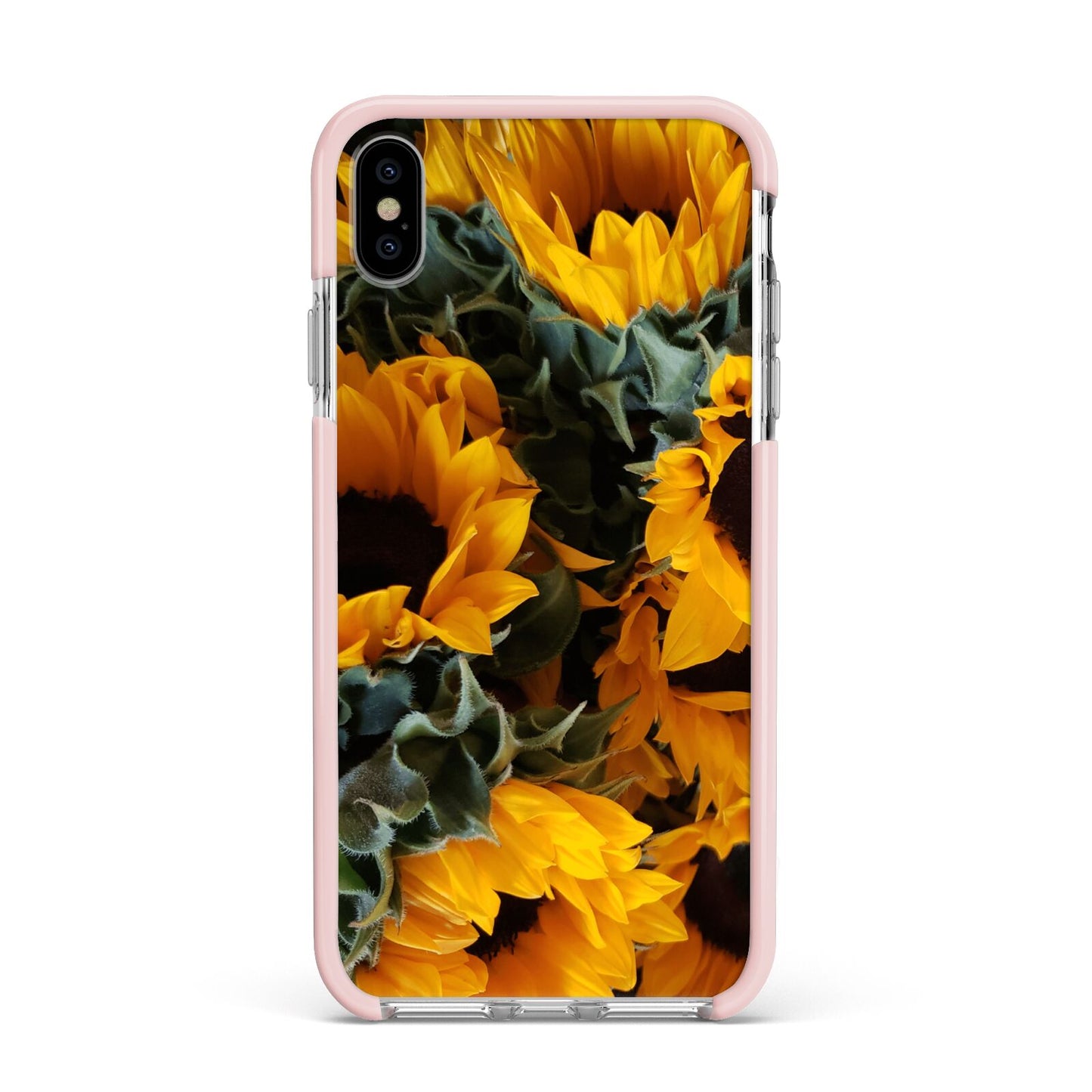 Sunflower Apple iPhone Xs Max Impact Case Pink Edge on Silver Phone