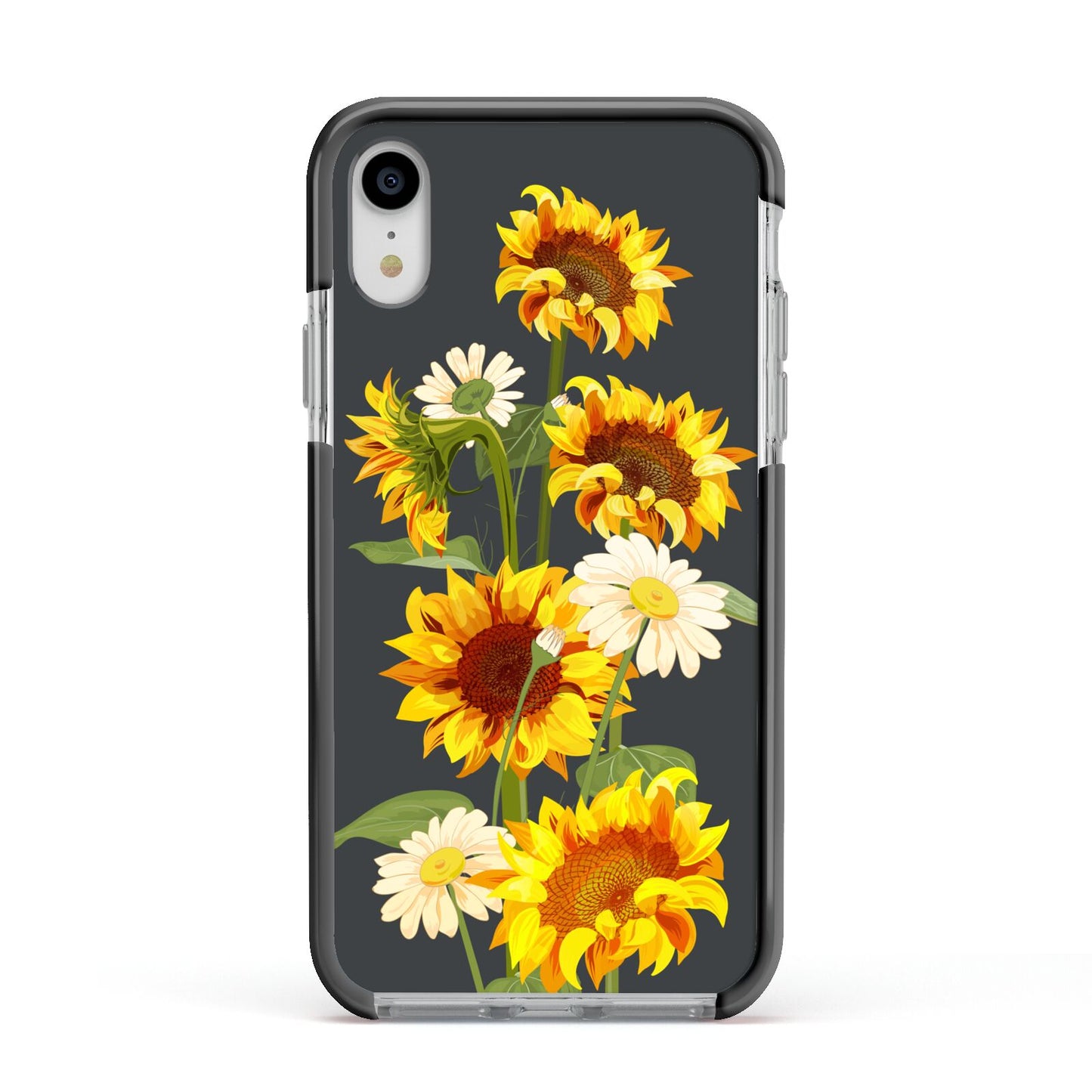 Sunflower Floral Apple iPhone XR Impact Case Black Edge on Silver Phone