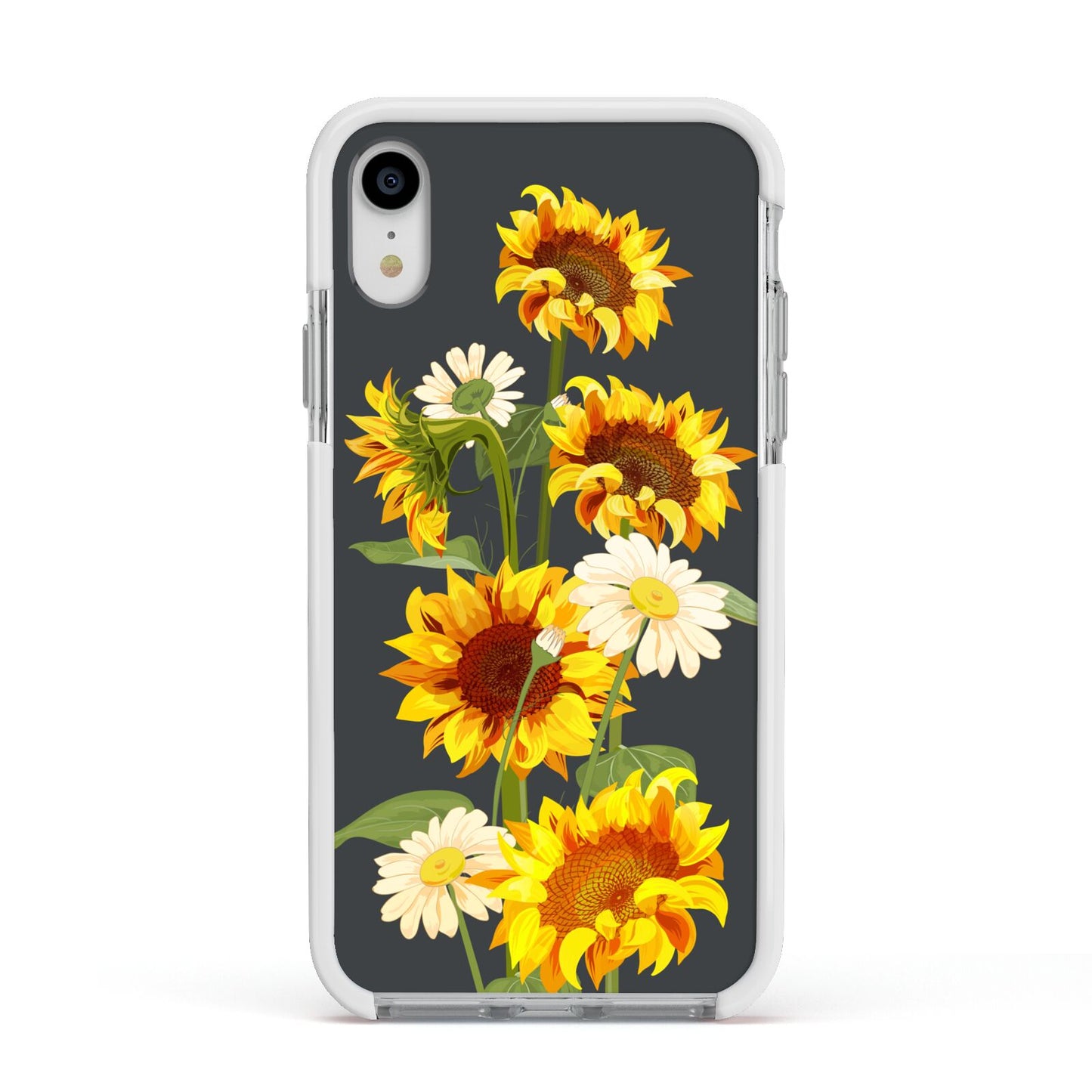 Sunflower Floral Apple iPhone XR Impact Case White Edge on Silver Phone