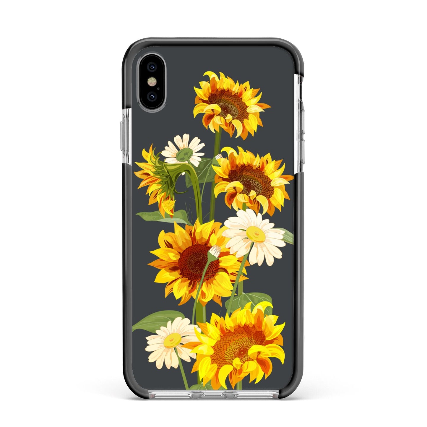 Sunflower Floral Apple iPhone Xs Max Impact Case Black Edge on Silver Phone