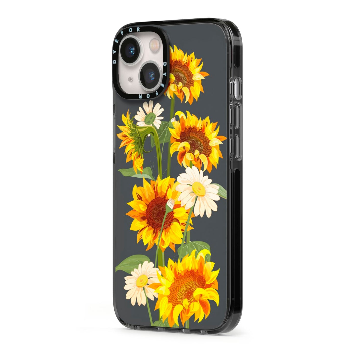 Sunflower Floral iPhone 13 Black Impact Case Side Angle on Silver phone