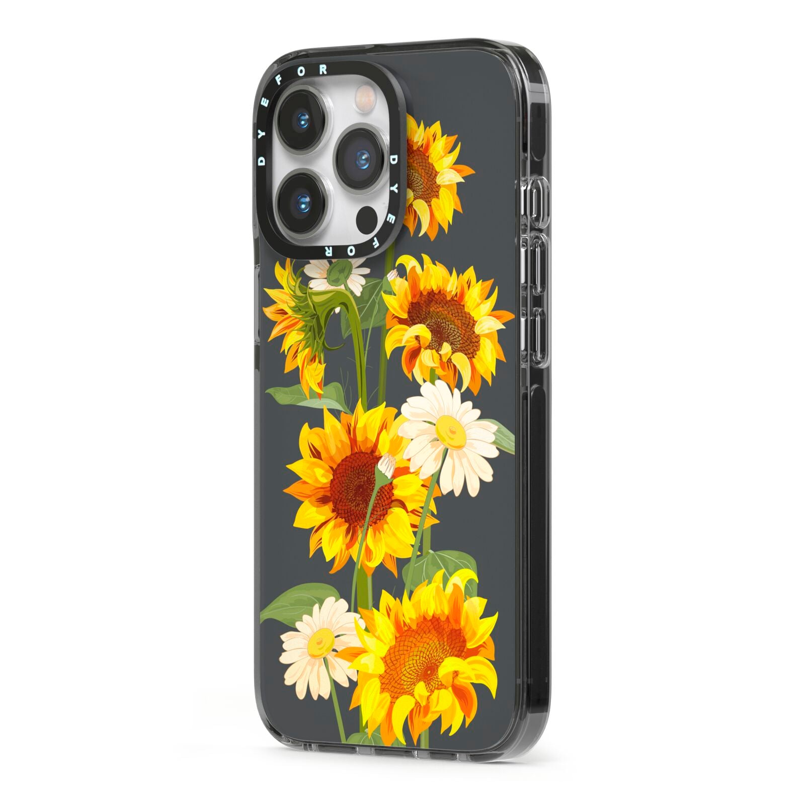 Sunflower Floral iPhone 13 Pro Black Impact Case Side Angle on Silver phone