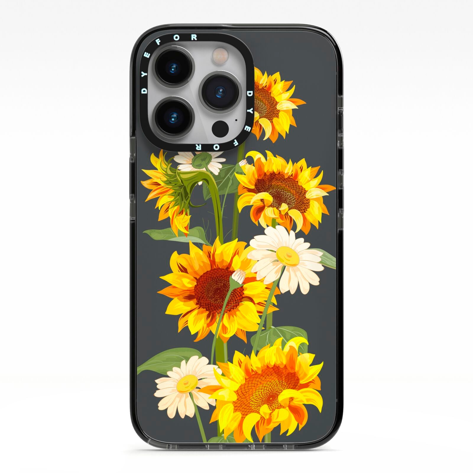 Sunflower Floral iPhone 13 Pro Black Impact Case on Silver phone