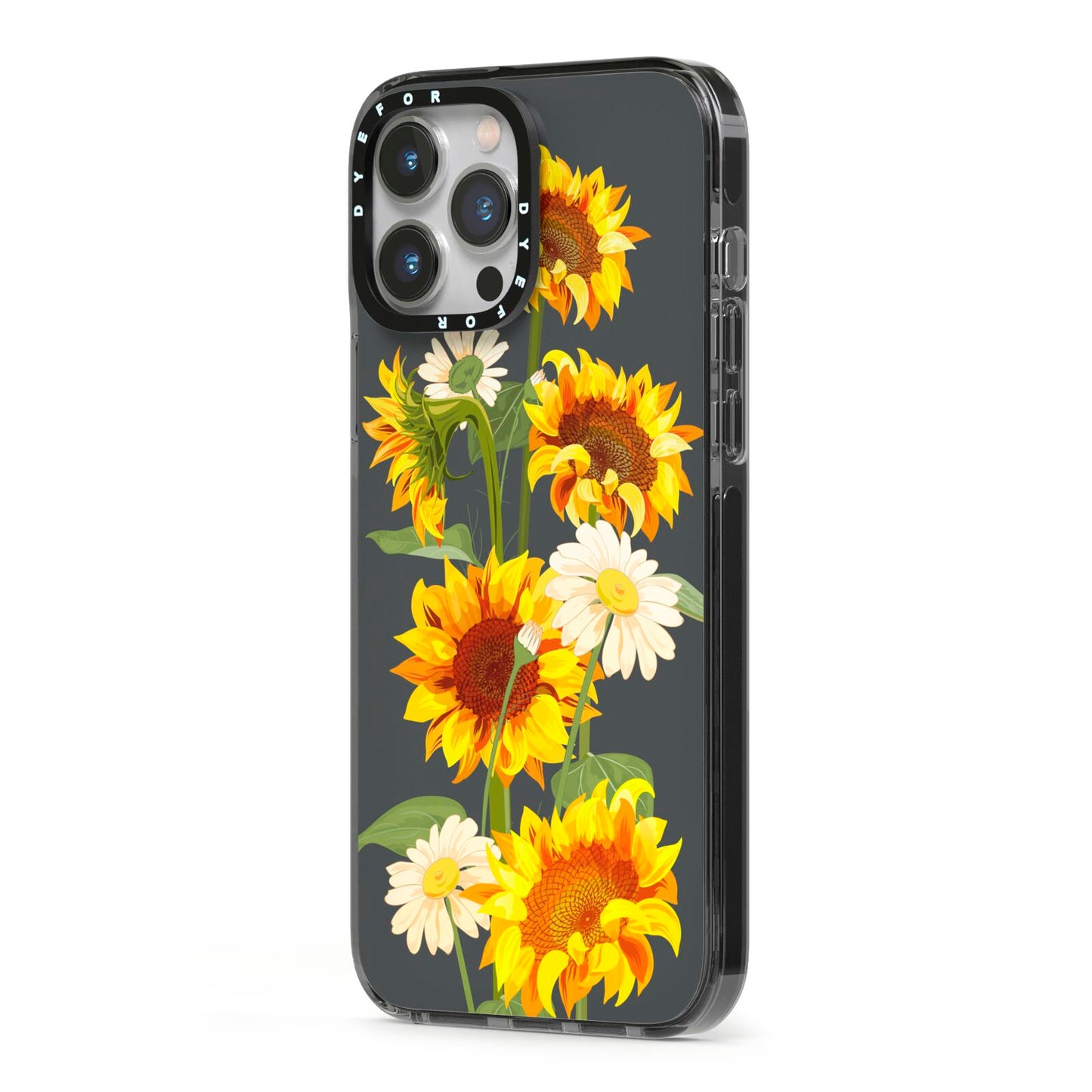 Sunflower Floral iPhone 13 Pro Max Black Impact Case Side Angle on Silver phone