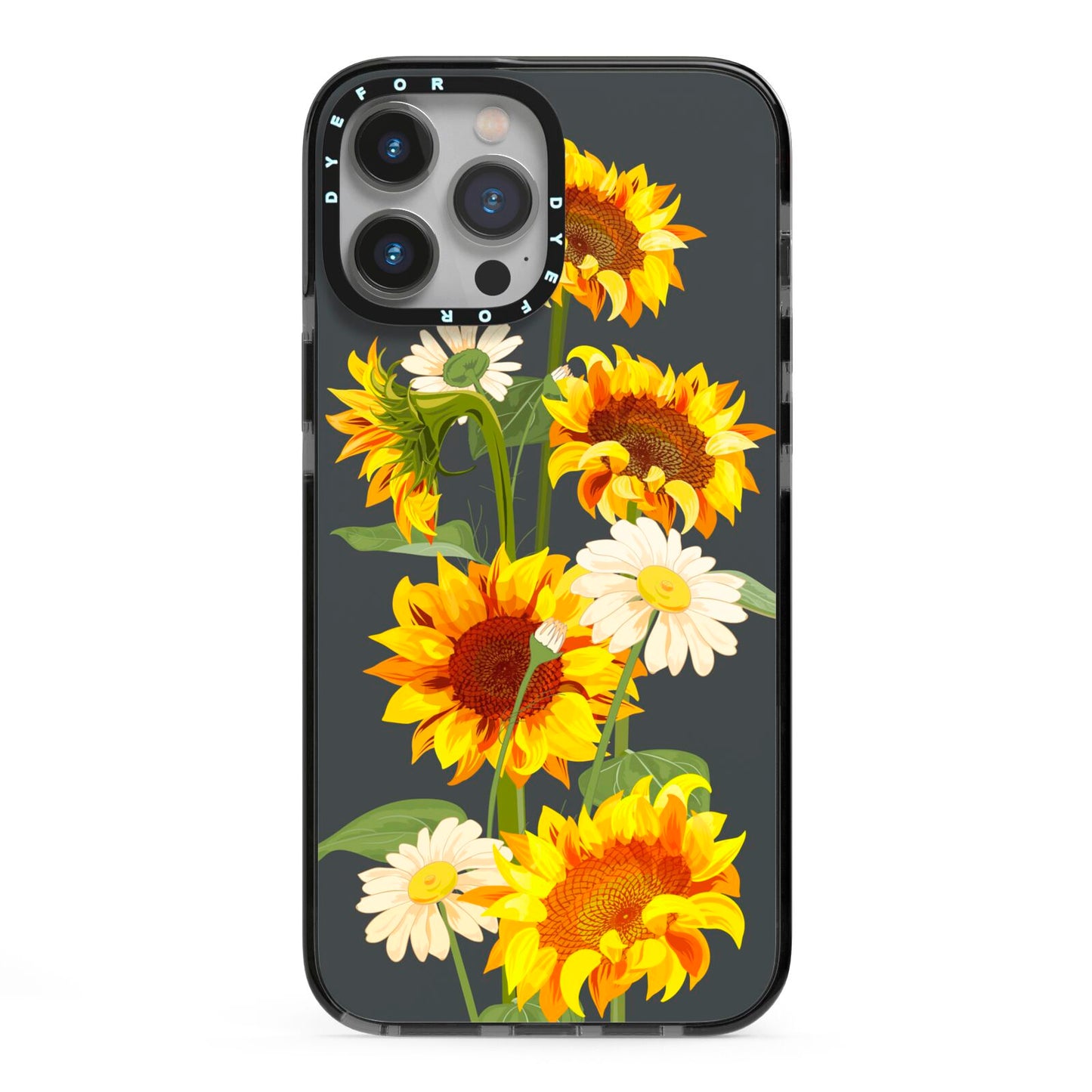Sunflower Floral iPhone 13 Pro Max Black Impact Case on Silver phone