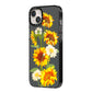 Sunflower Floral iPhone 14 Plus Black Impact Case Side Angle on Silver phone