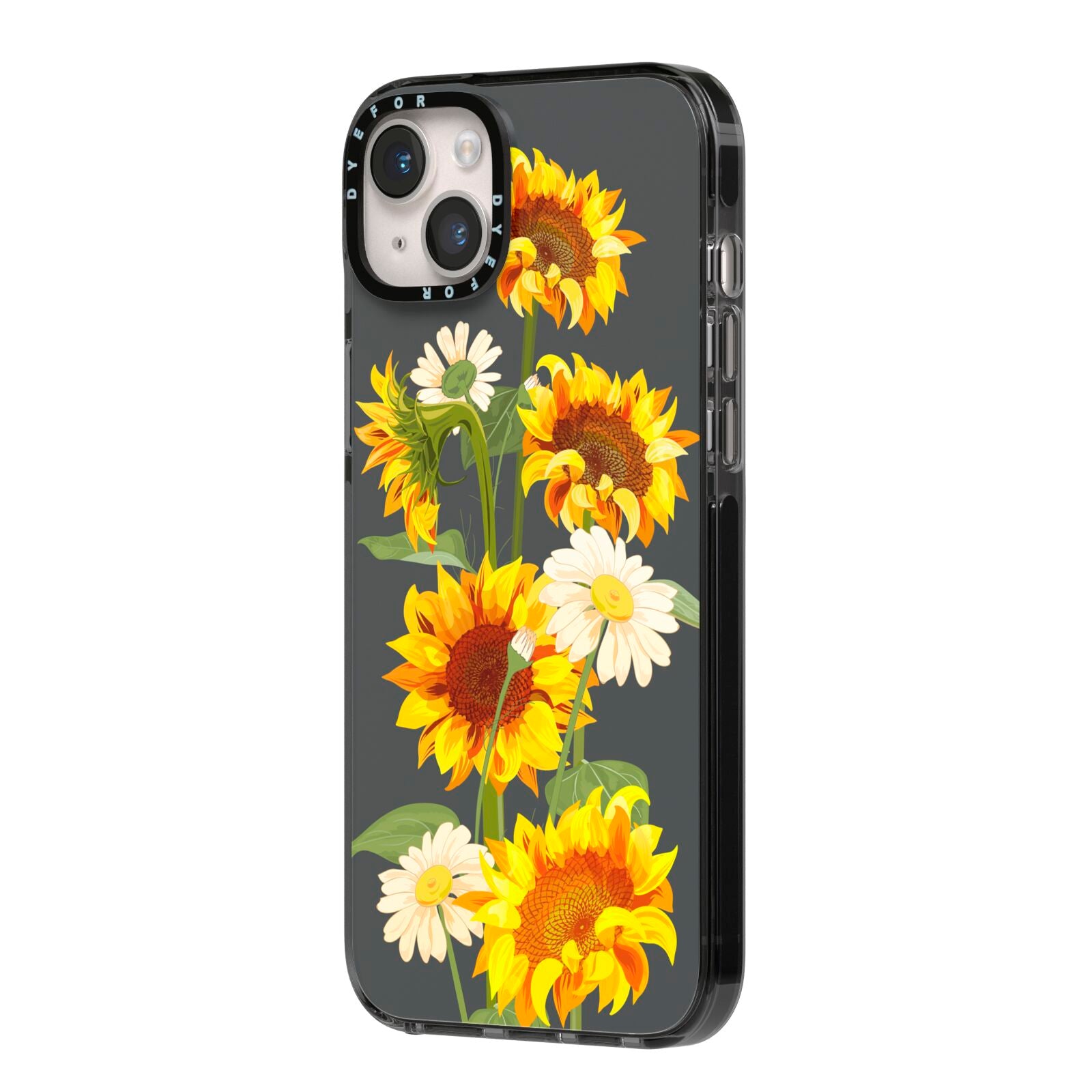 Sunflower Floral iPhone 14 Plus Black Impact Case Side Angle on Silver phone