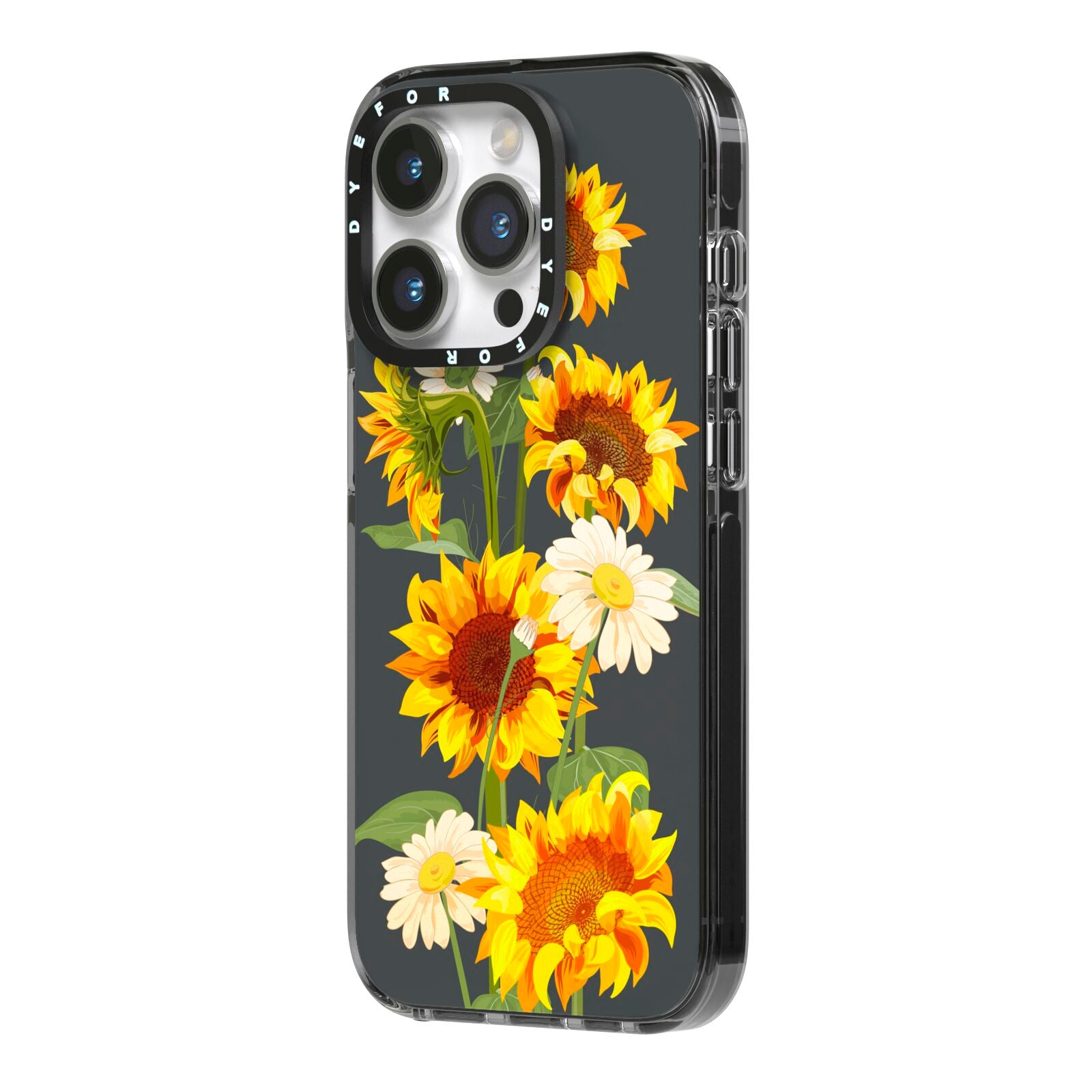 Sunflower Floral iPhone 14 Pro Black Impact Case Side Angle on Silver phone