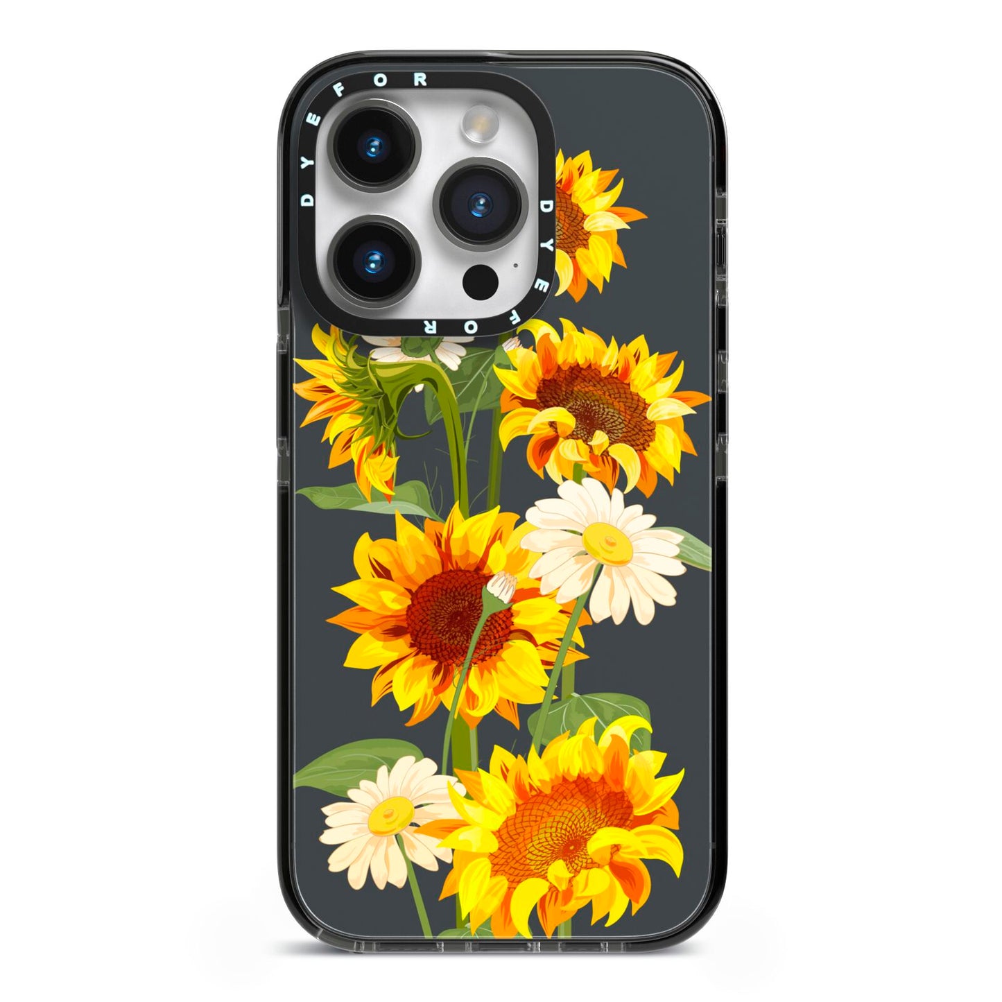 Sunflower Floral iPhone 14 Pro Black Impact Case on Silver phone