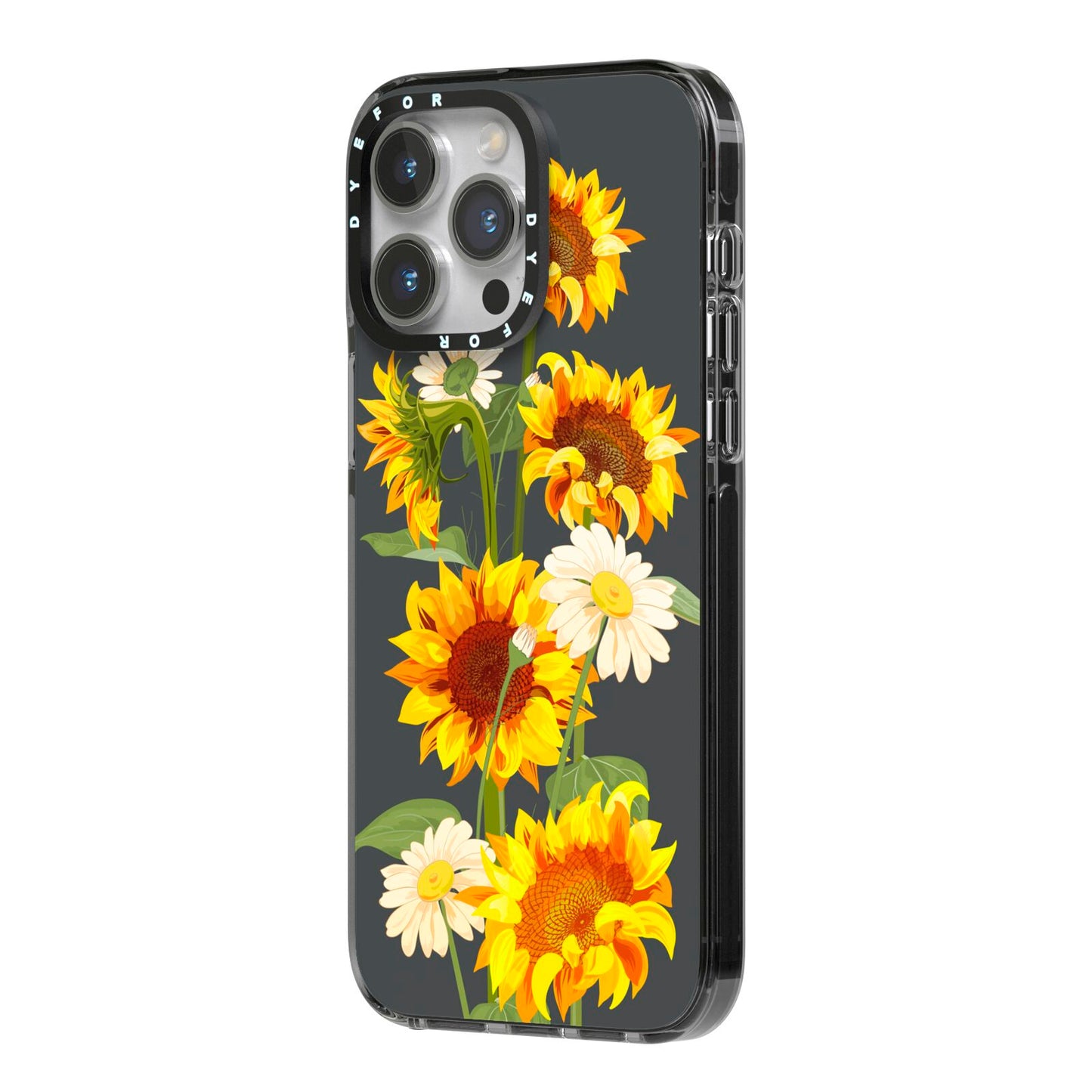 Sunflower Floral iPhone 14 Pro Max Black Impact Case Side Angle on Silver phone