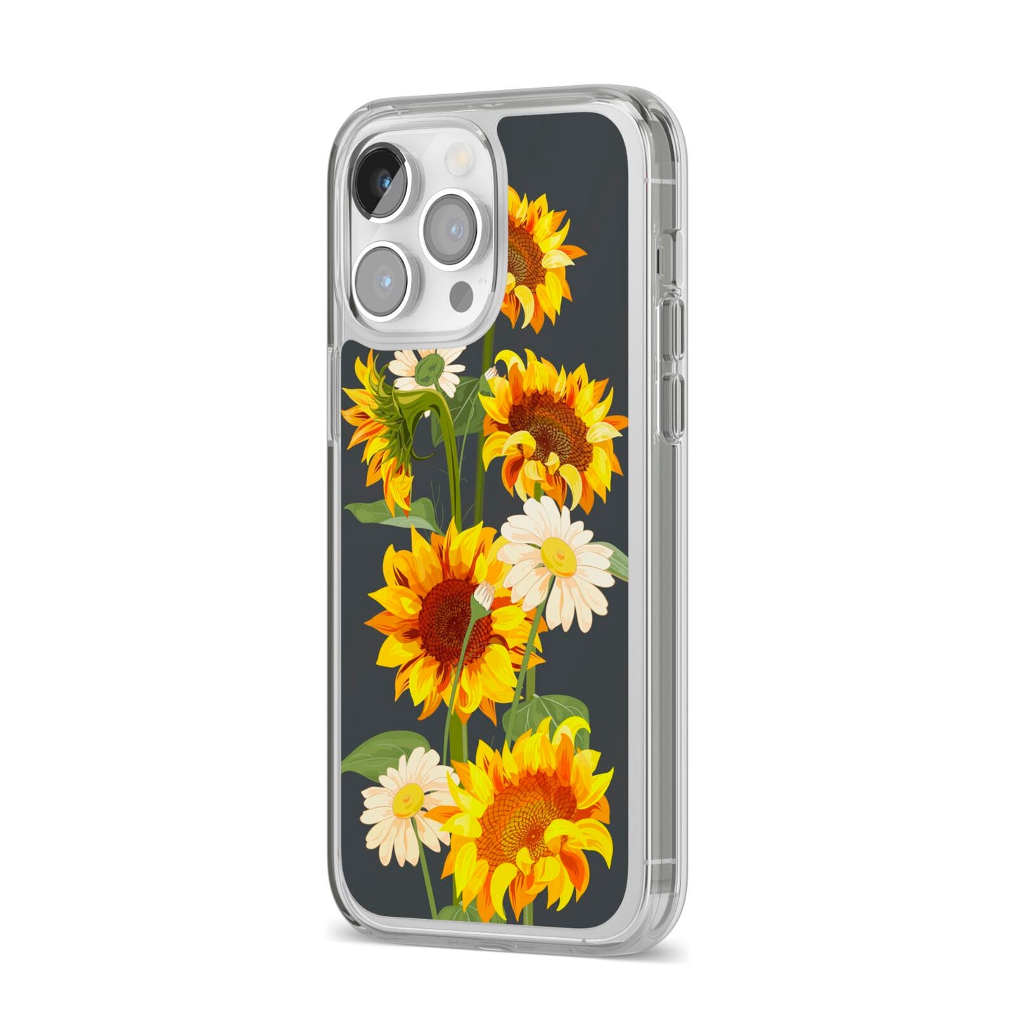 Sunflower Floral iPhone 14 Pro Max Clear Tough Case Silver Angled Image