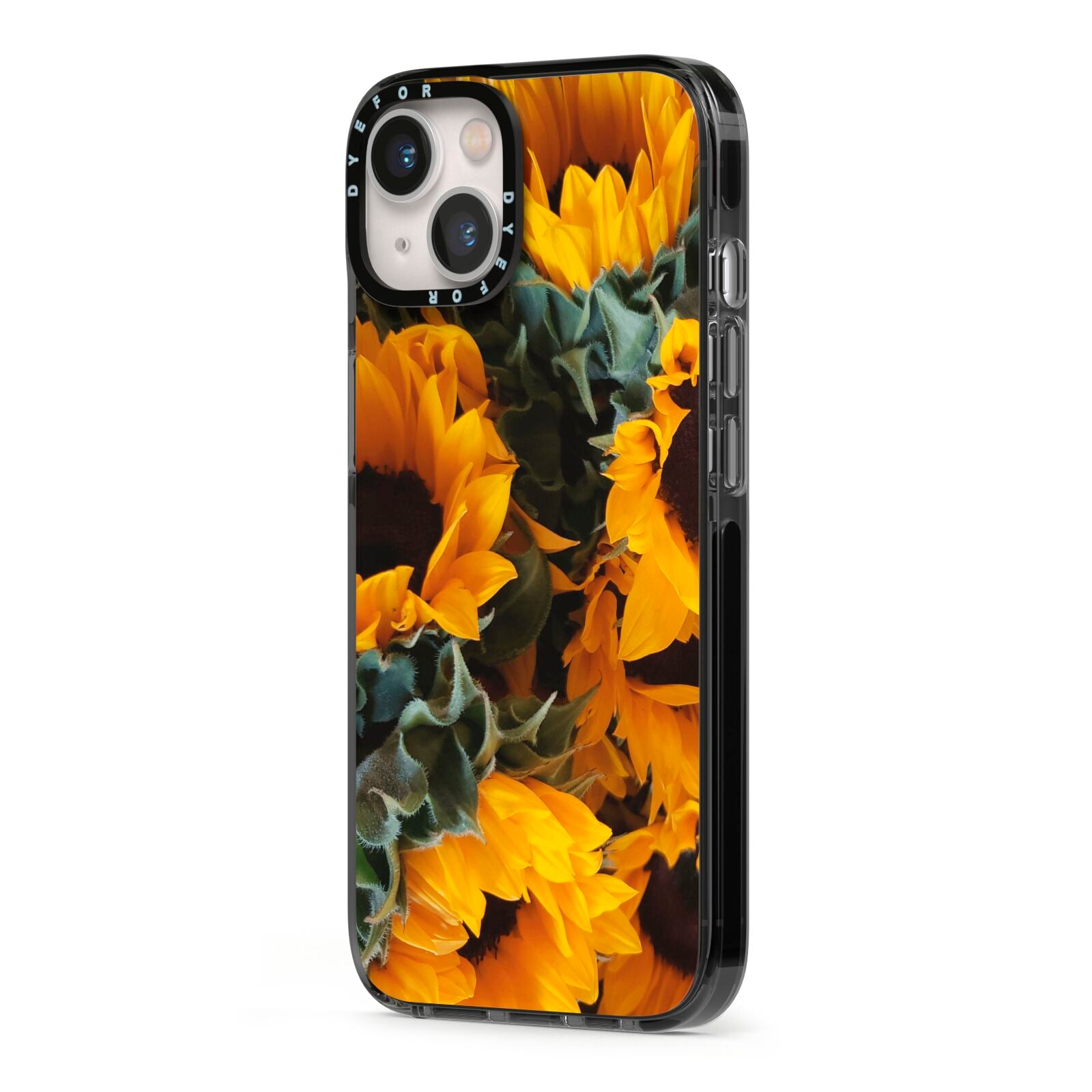 Sunflower iPhone 13 Black Impact Case Side Angle on Silver phone