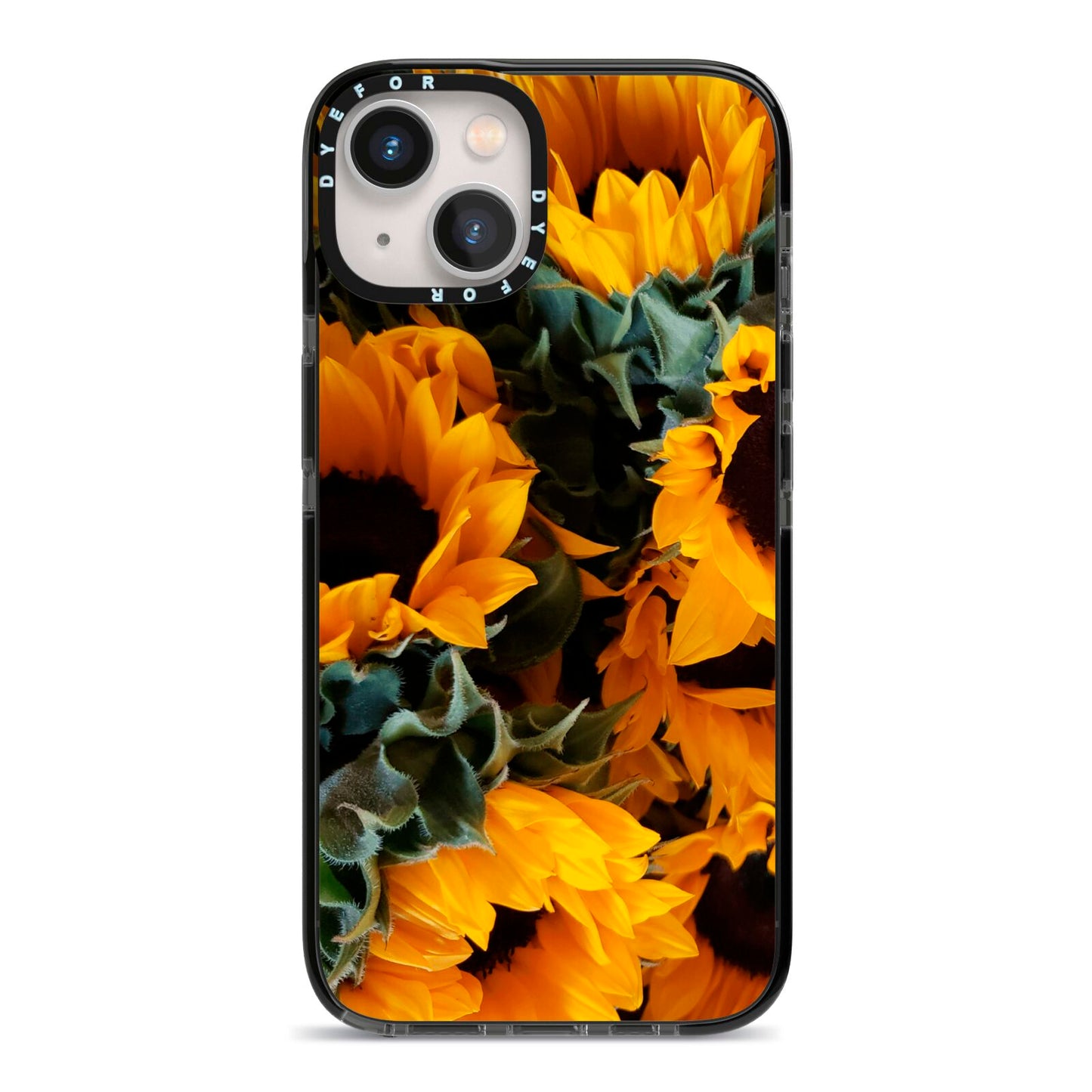 Sunflower iPhone 13 Black Impact Case on Silver phone