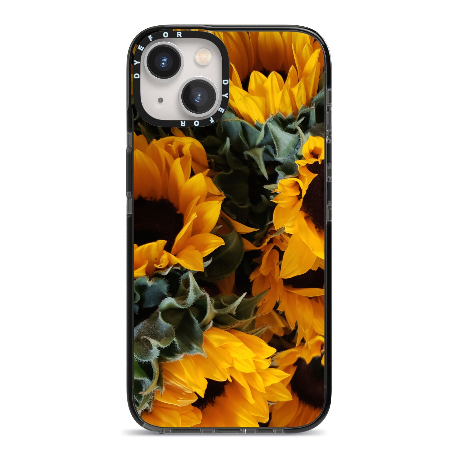 Sunflower iPhone 13 Black Impact Case on Silver phone